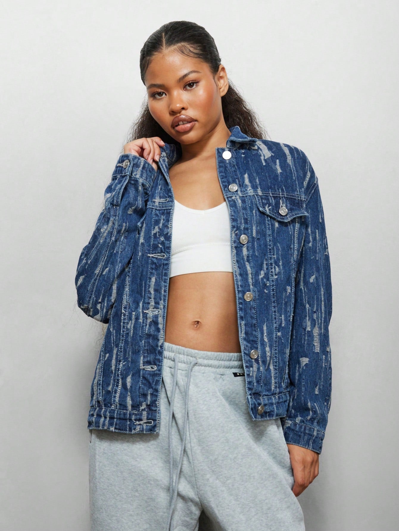 Denim jacket women distressed hotsell