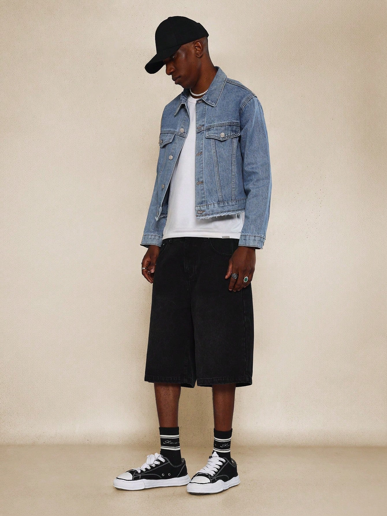 Deals jean jacket with black shorts