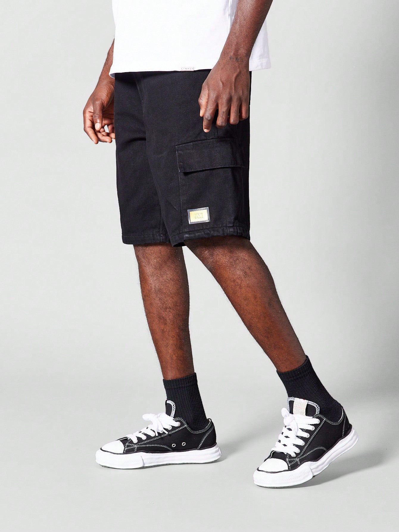 Denim Cargo Shorts With Front Label