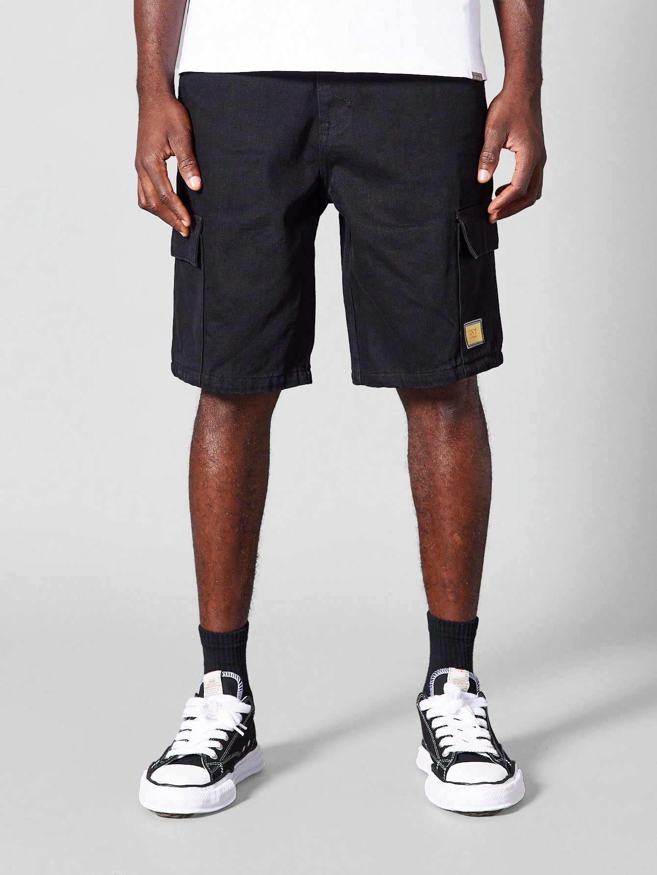 Denim Cargo Shorts With Front Label
