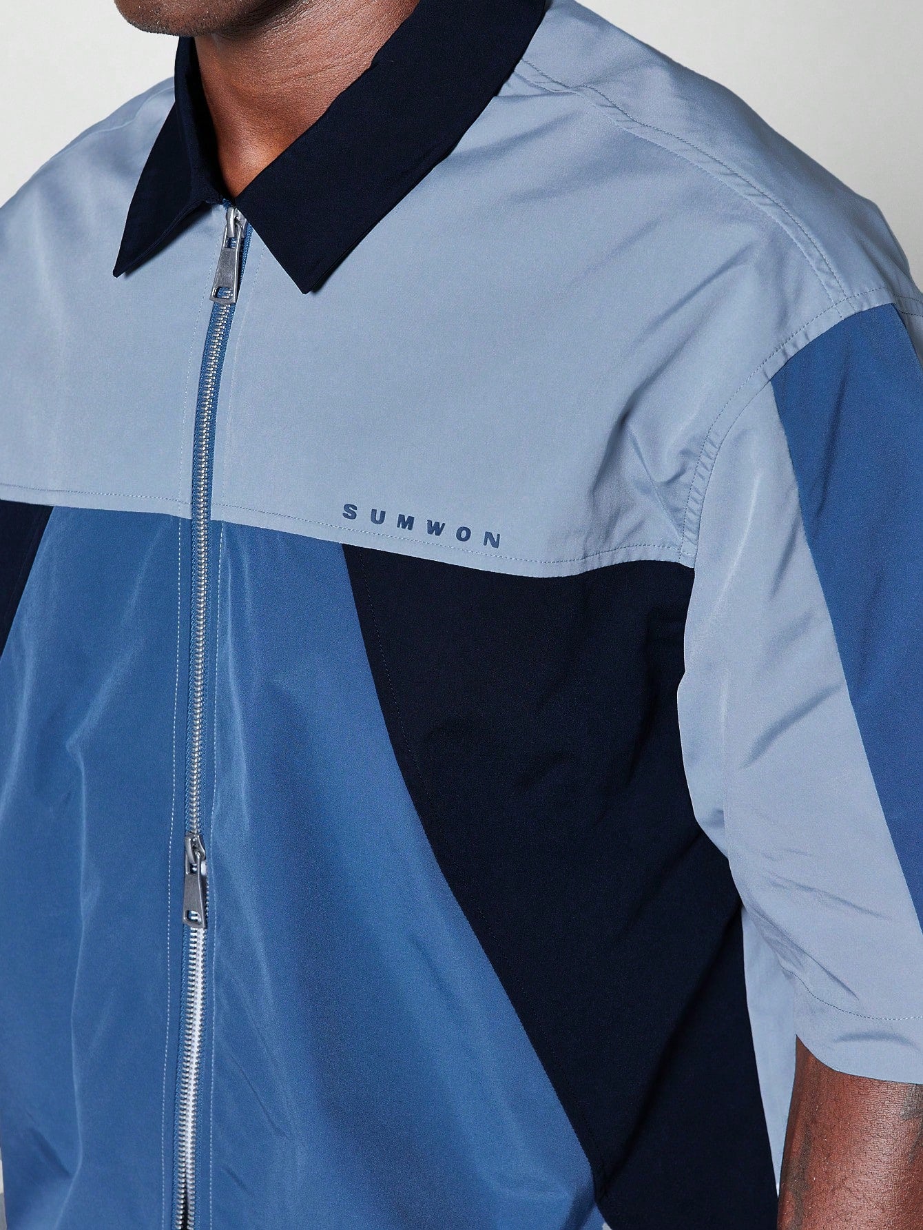 Boxy Fit Nylon Zip Shirt With Colour Blocked Panels