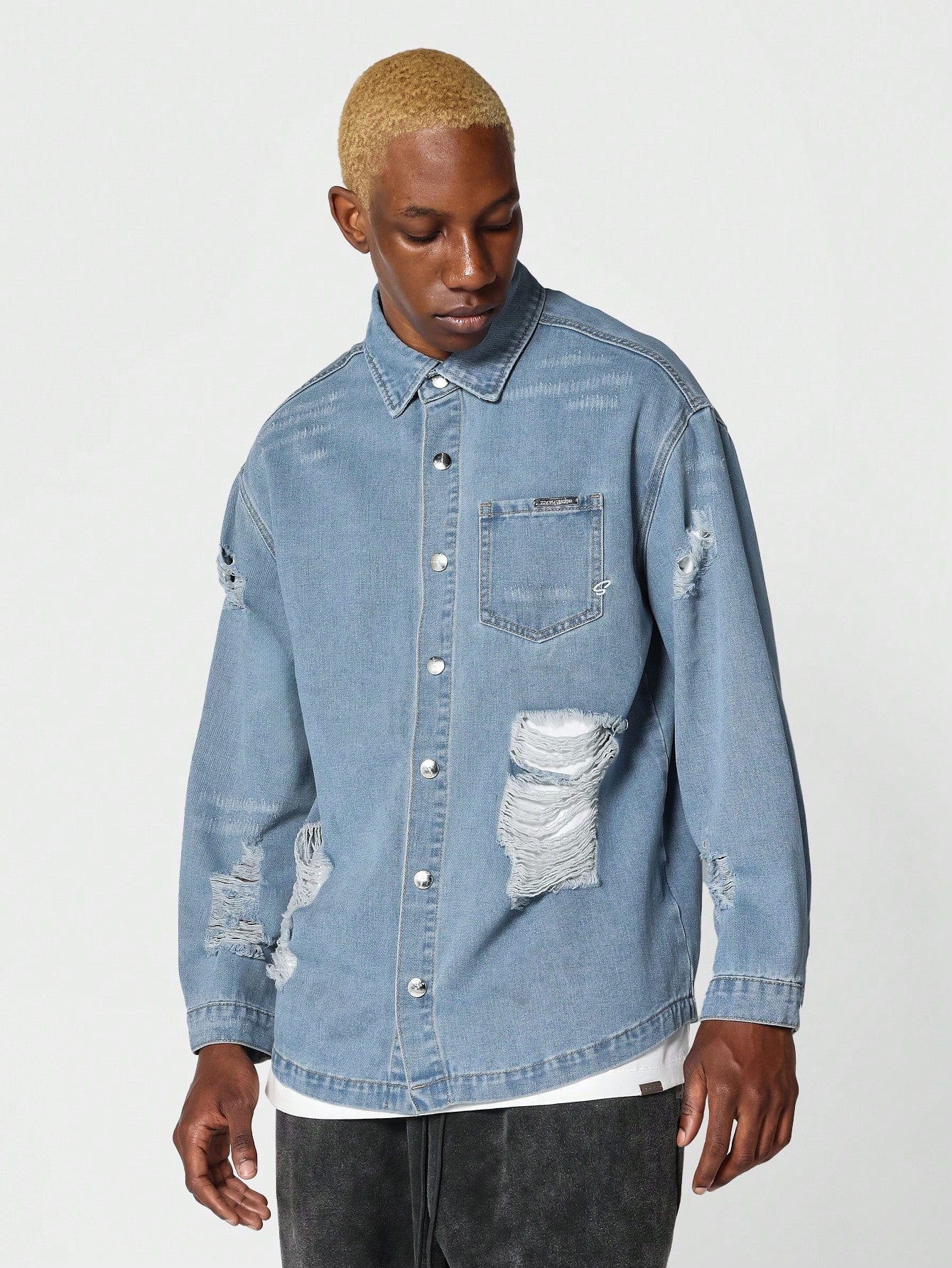 Oversized Fit Distressed Denim Shirt