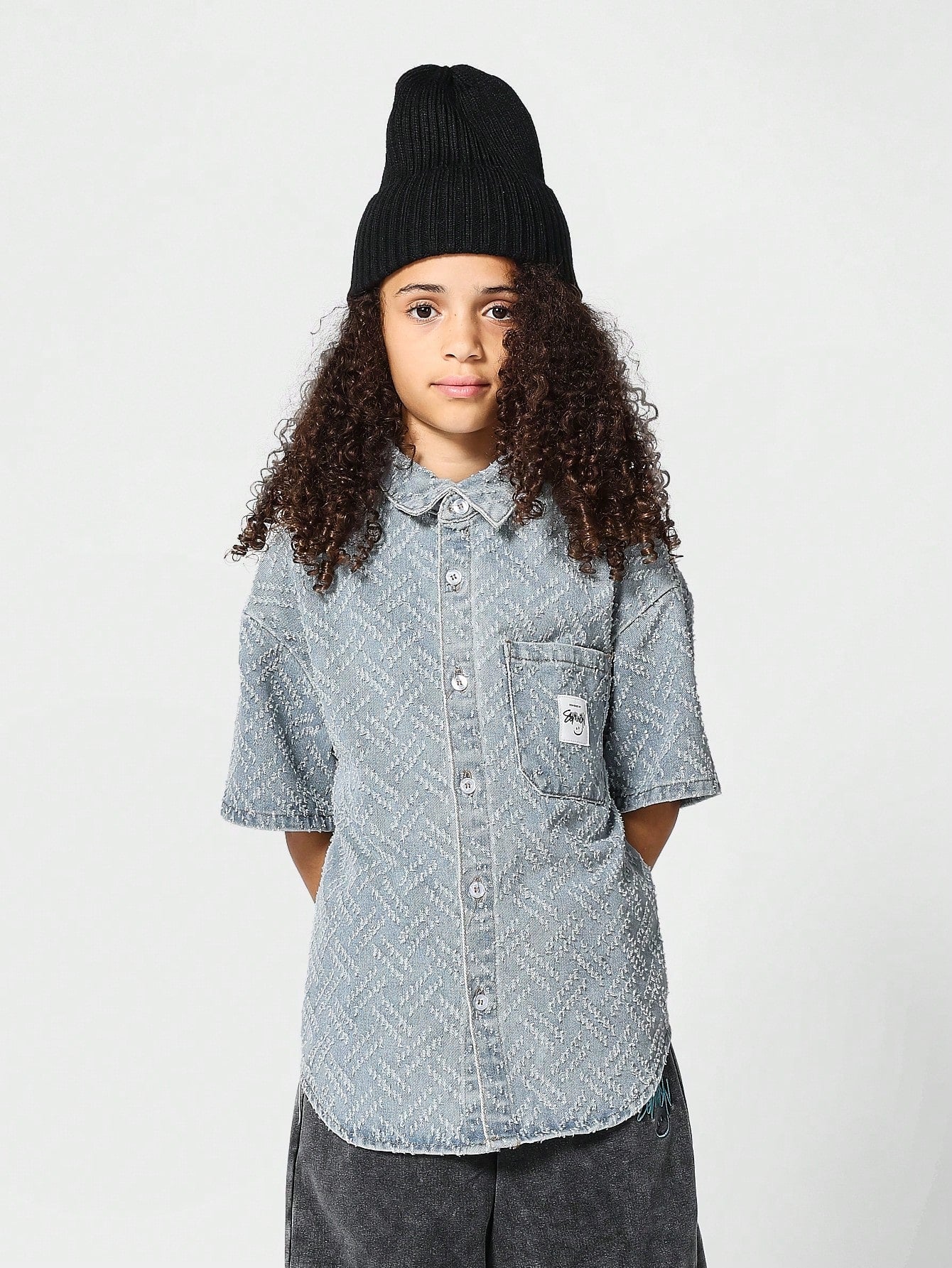 Kids Unisex Textured Denim Shirt Stylish Blouse For Spring And Summer