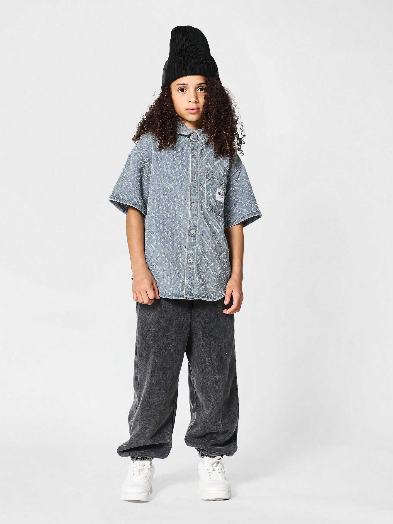 Kids Unisex Textured Denim Shirt Stylish Blouse For Spring And Summer