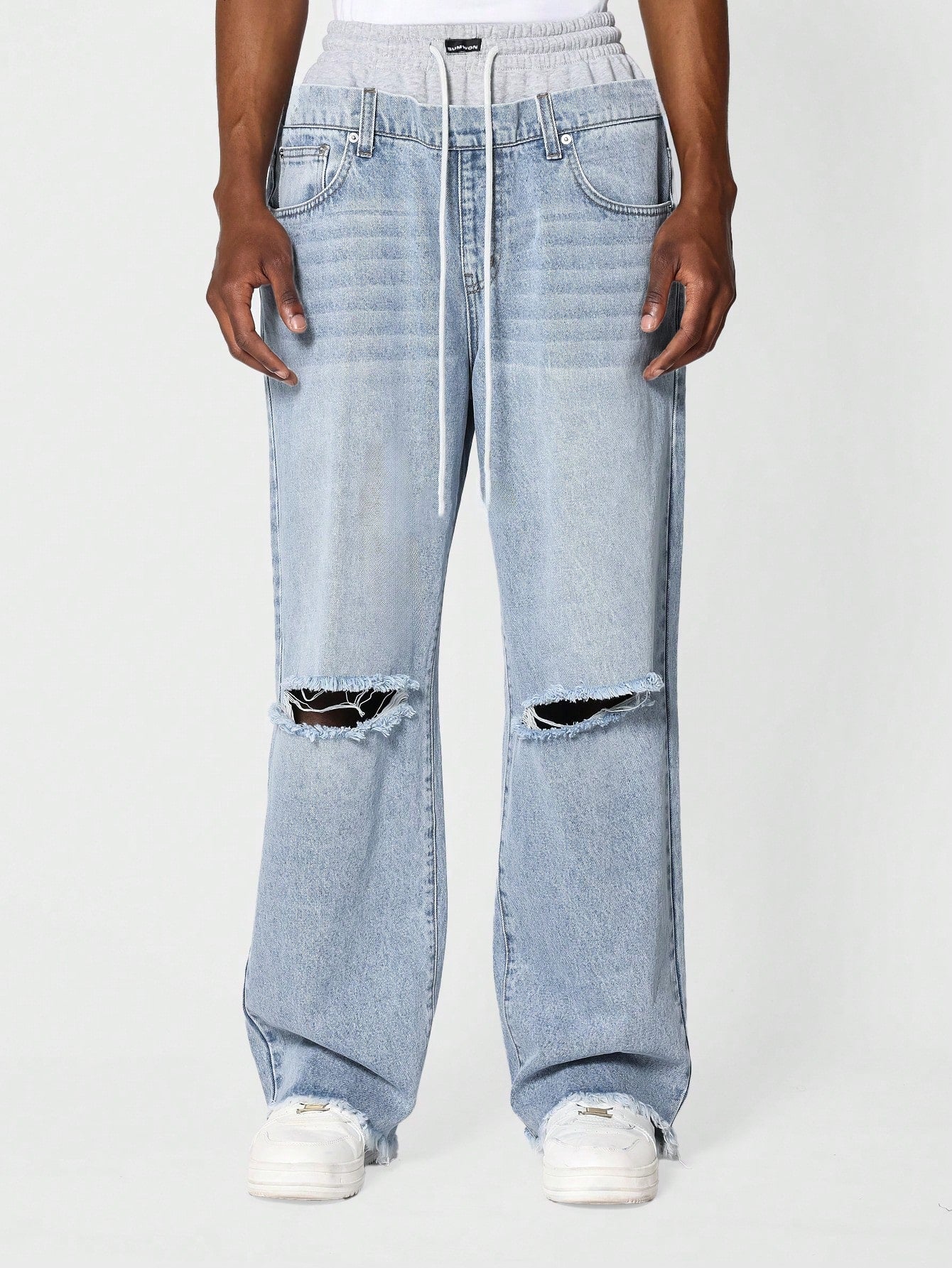 Loose Fit Double Waistband Distressed Jean