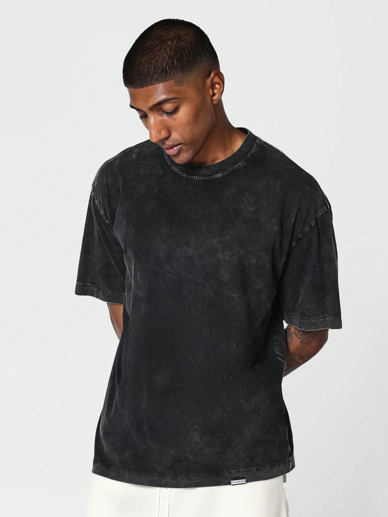 Regular Fit Shot Sleeve Washed Tee With Embroidery Print