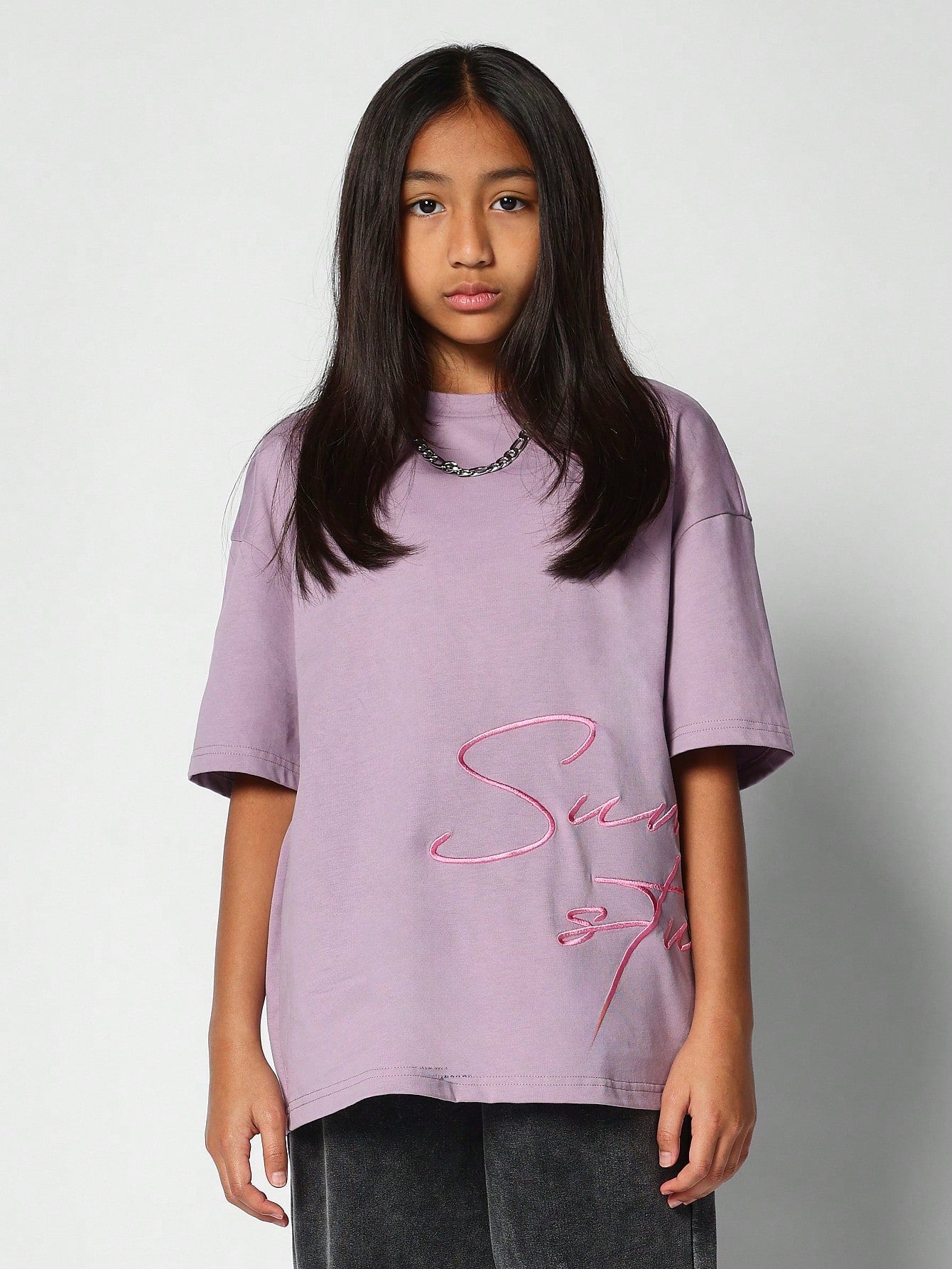 Tween Girl Oversized Fit Tee With Letter Embroidery