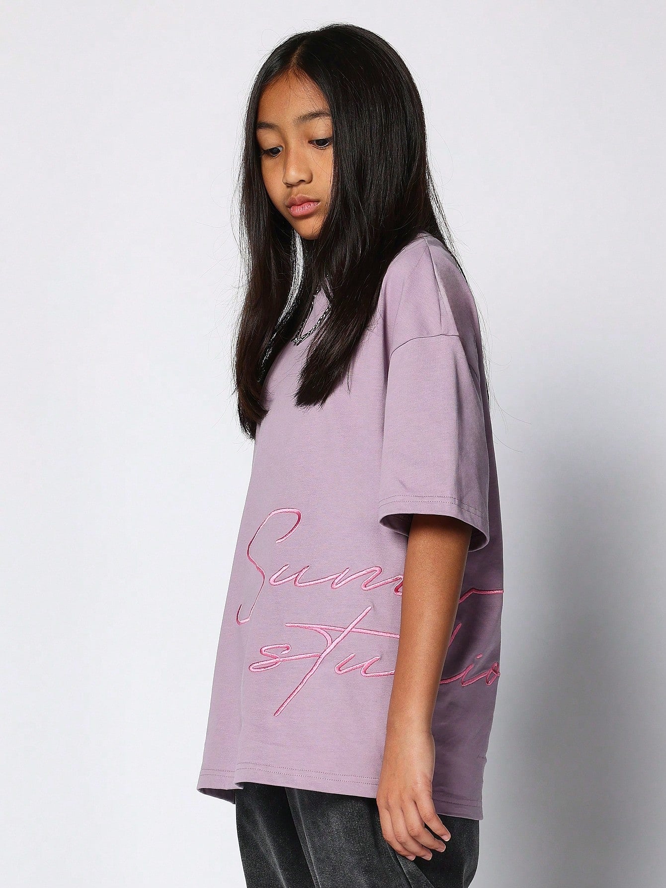 Tween Girl Oversized Fit Tee With Letter Embroidery