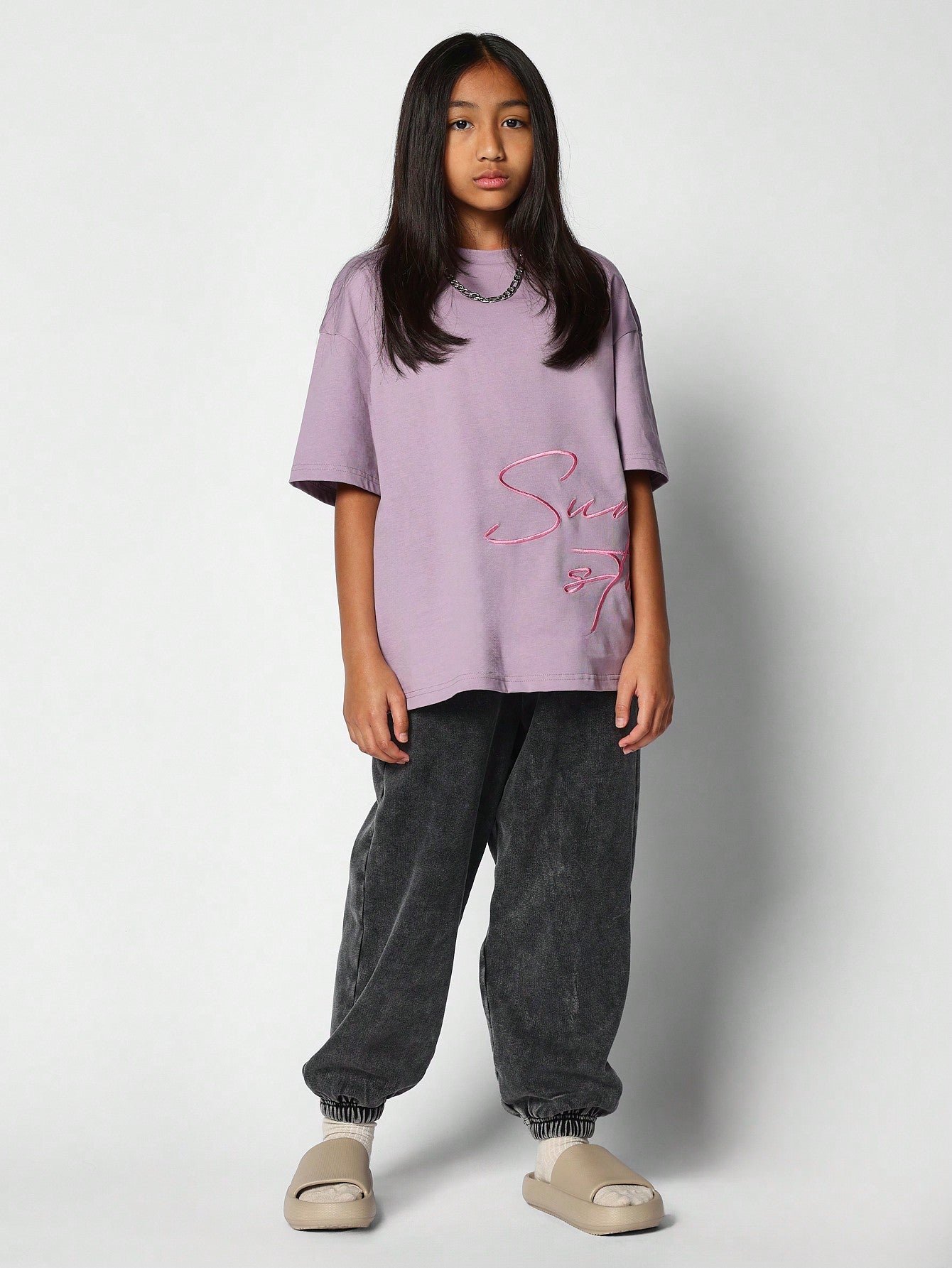 Tween Girl Oversized Fit Tee With Letter Embroidery