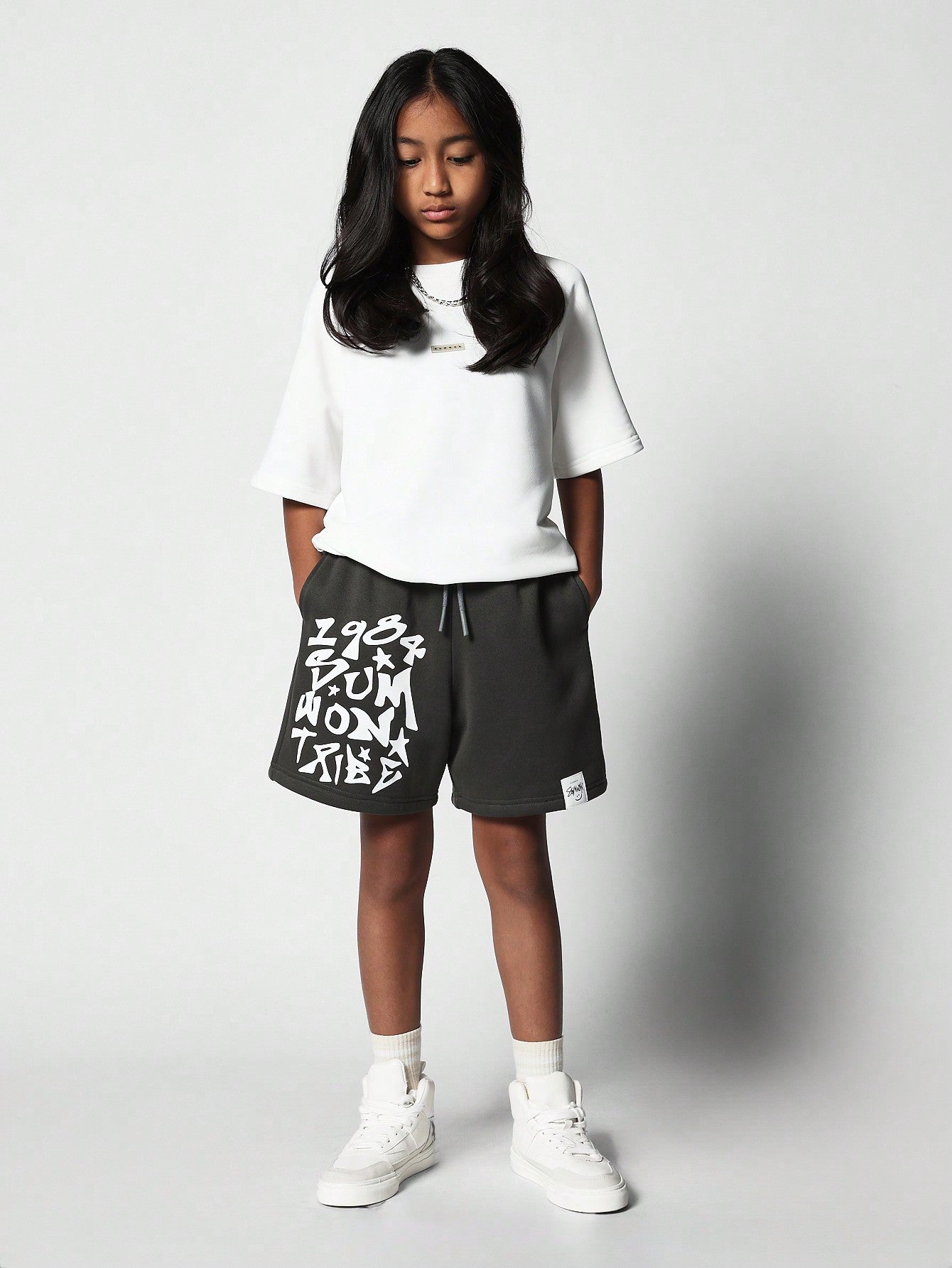 Kids Unisex Drop Crotch Short With Front Print