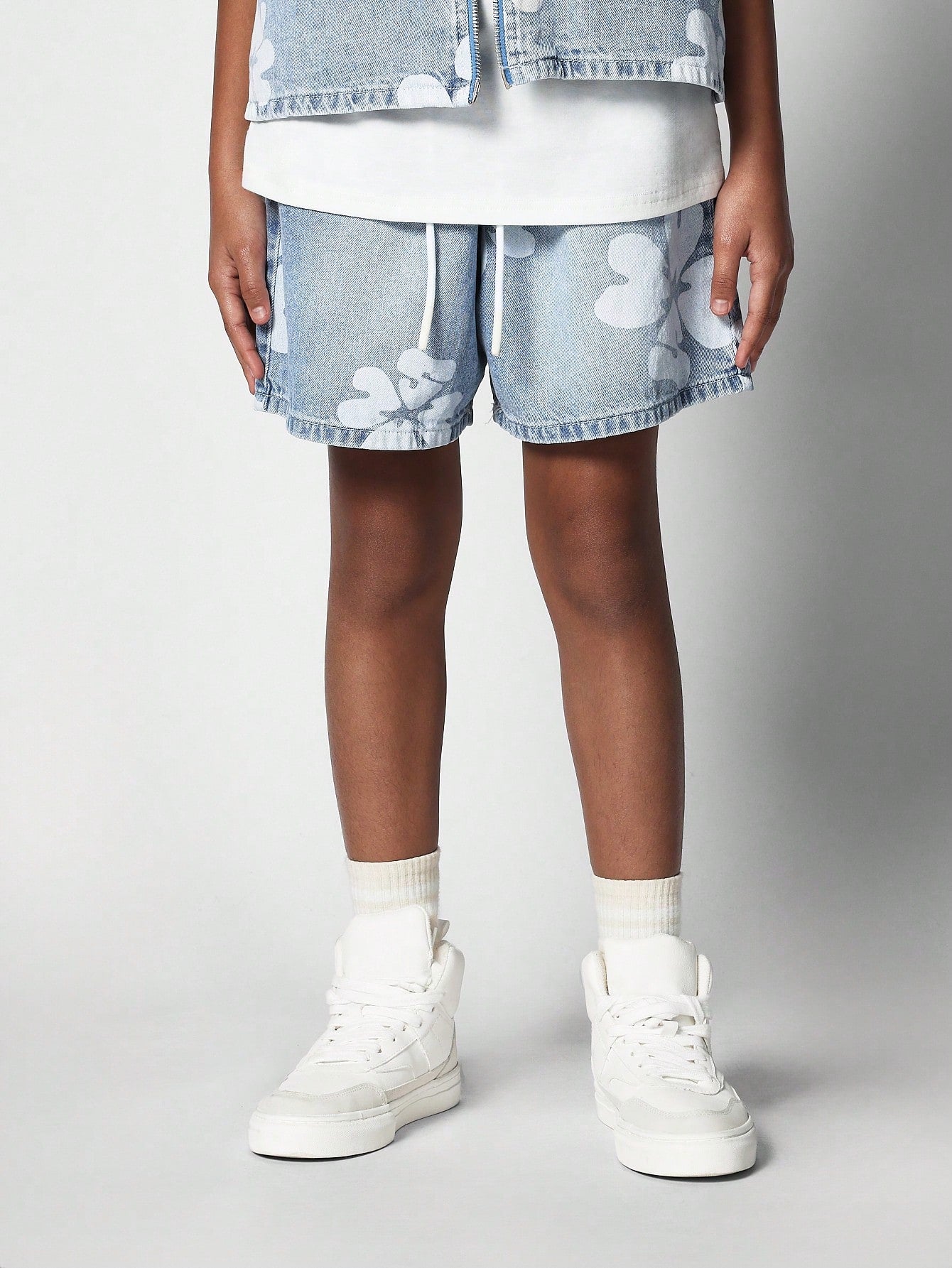 Tween Girl Pull On Denim Short With All Over Flock Print