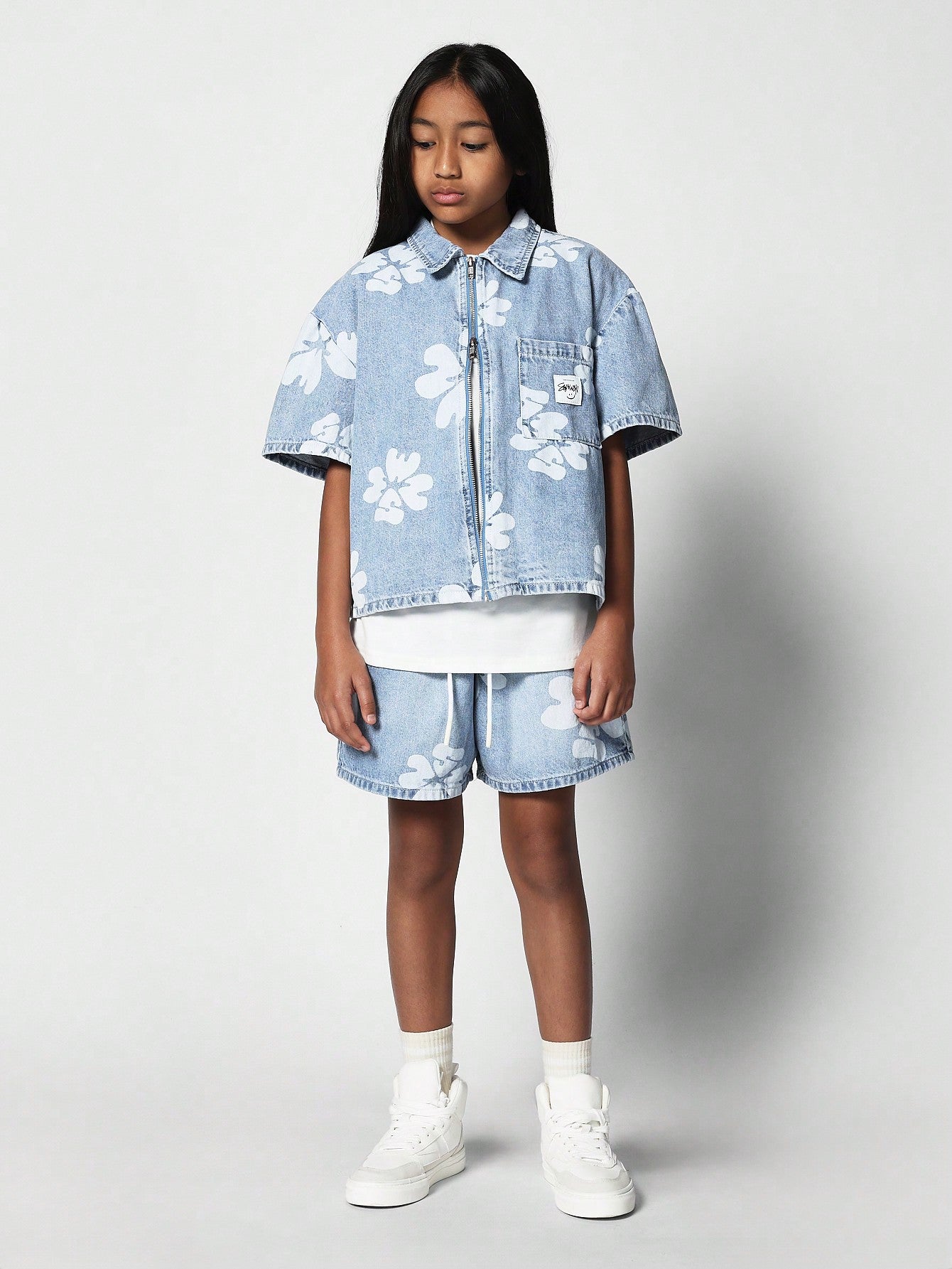 Tween Girl Pull On Denim Short With All Over Flock Print