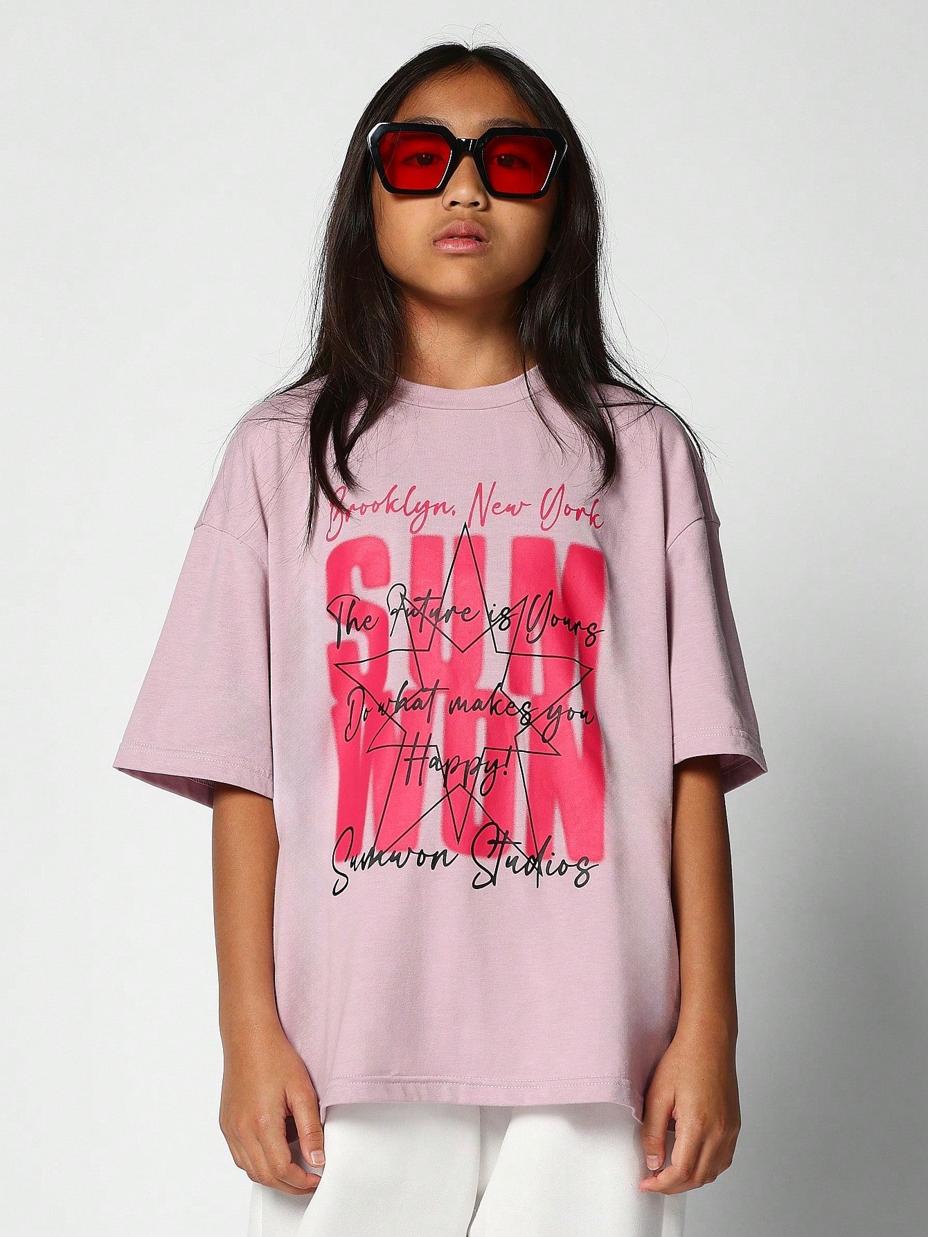 Tween Girl Oversized Fit Tee With Slogan And Star Print