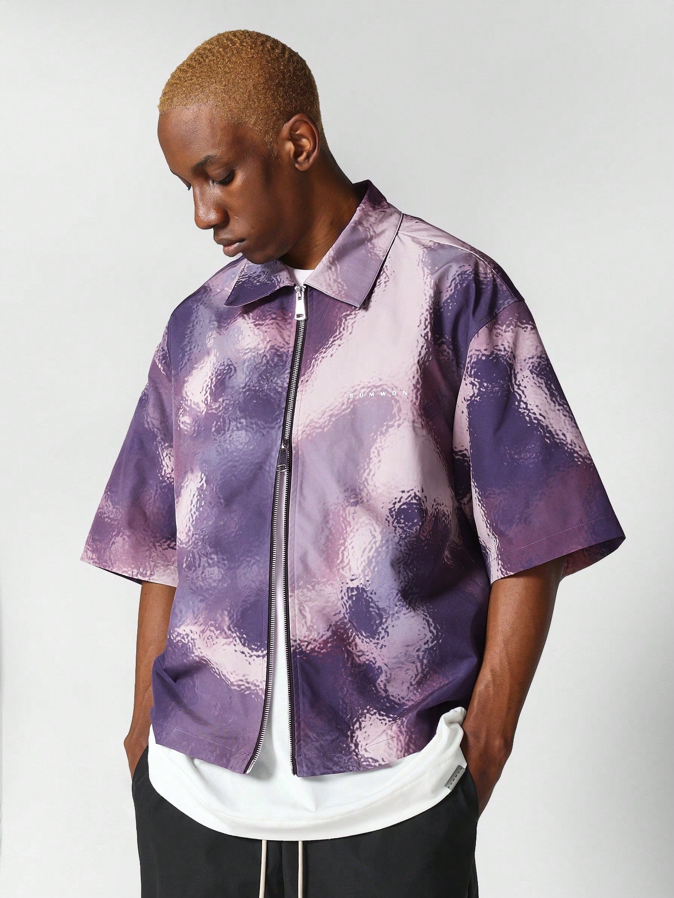 Boxy Fit Zip Nylon Shirt With All Over Print