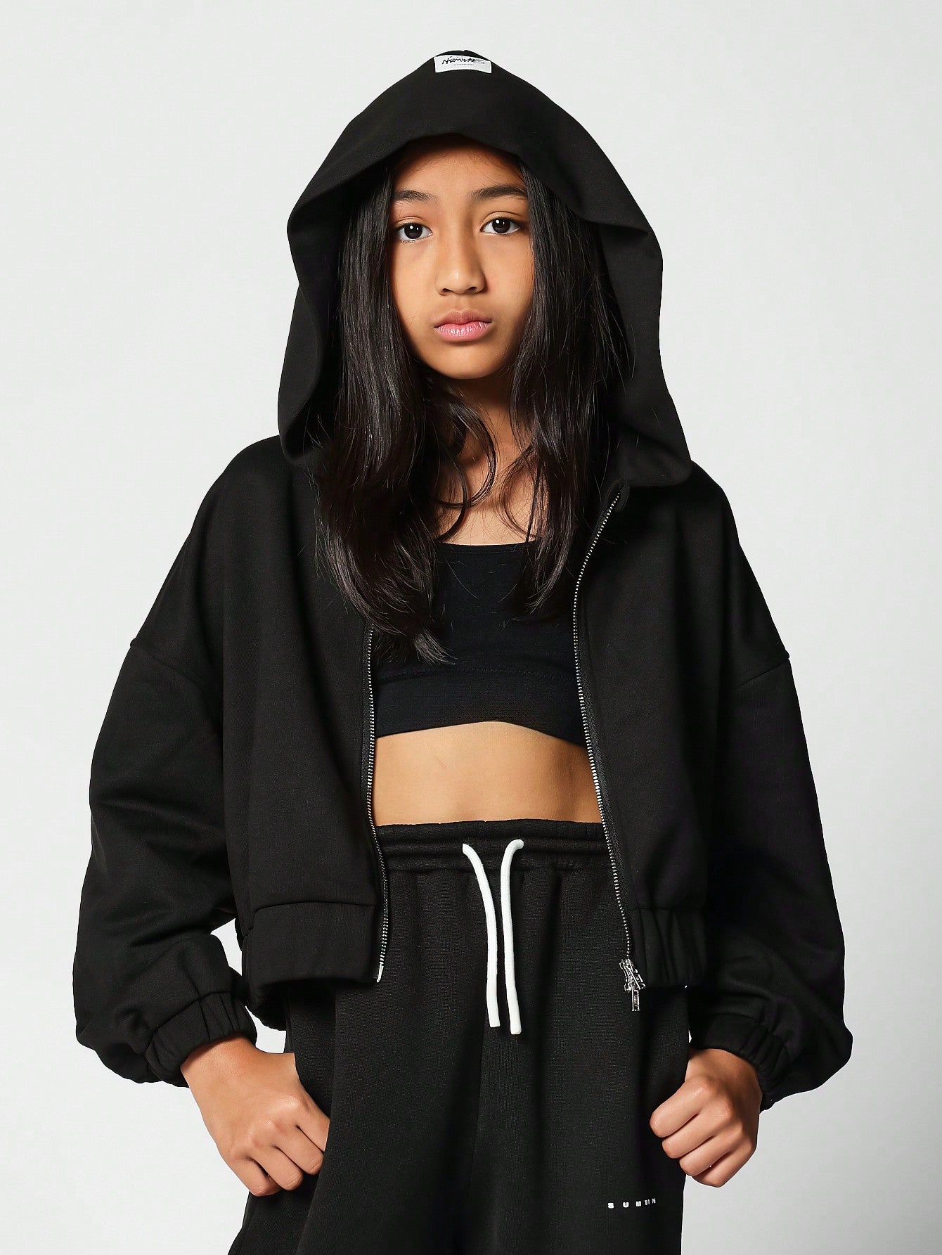 Tween Girl Crop Fit Zip Through Essential Hoodie