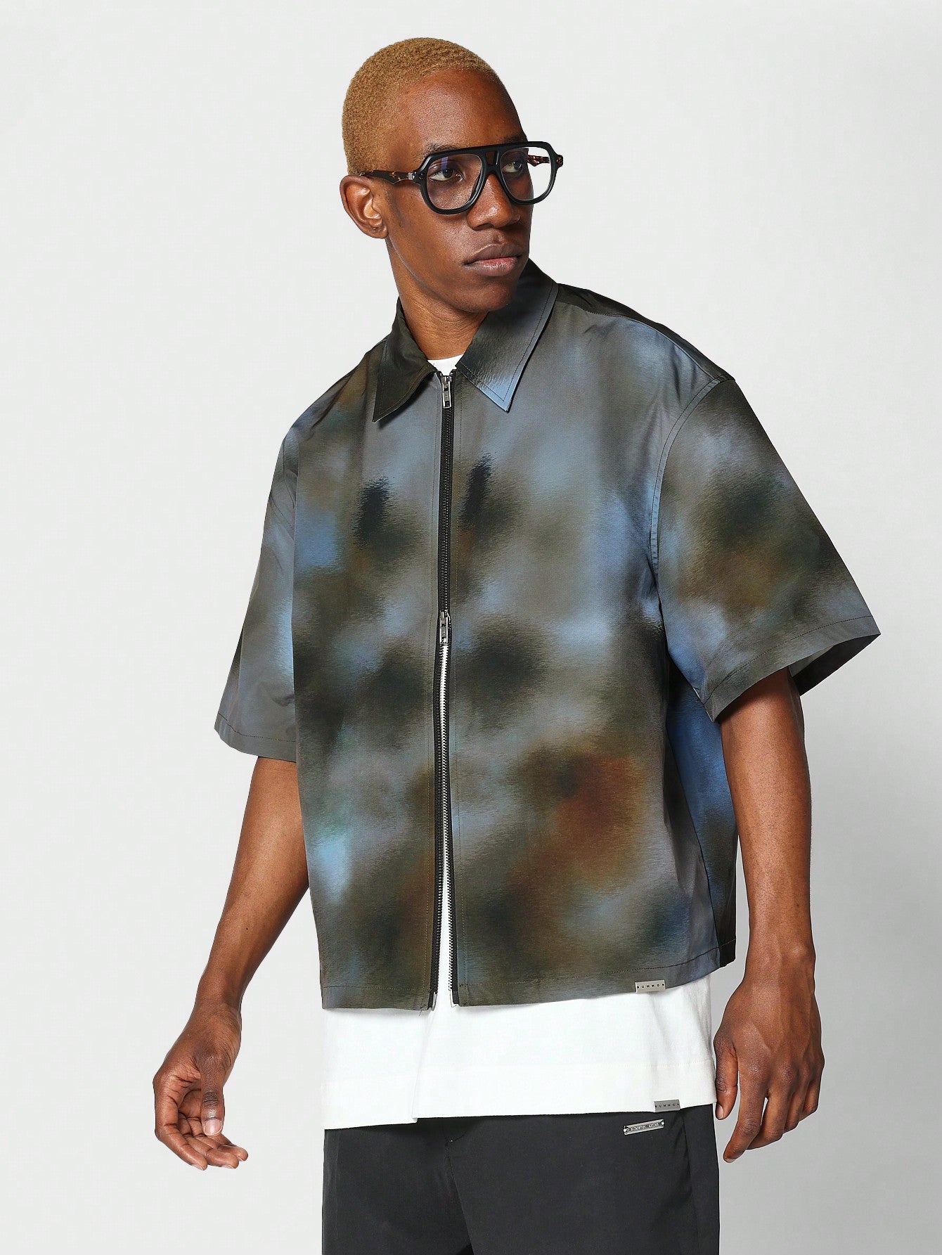 Boxy Fit Zip Nylon Shirt With All Over Print