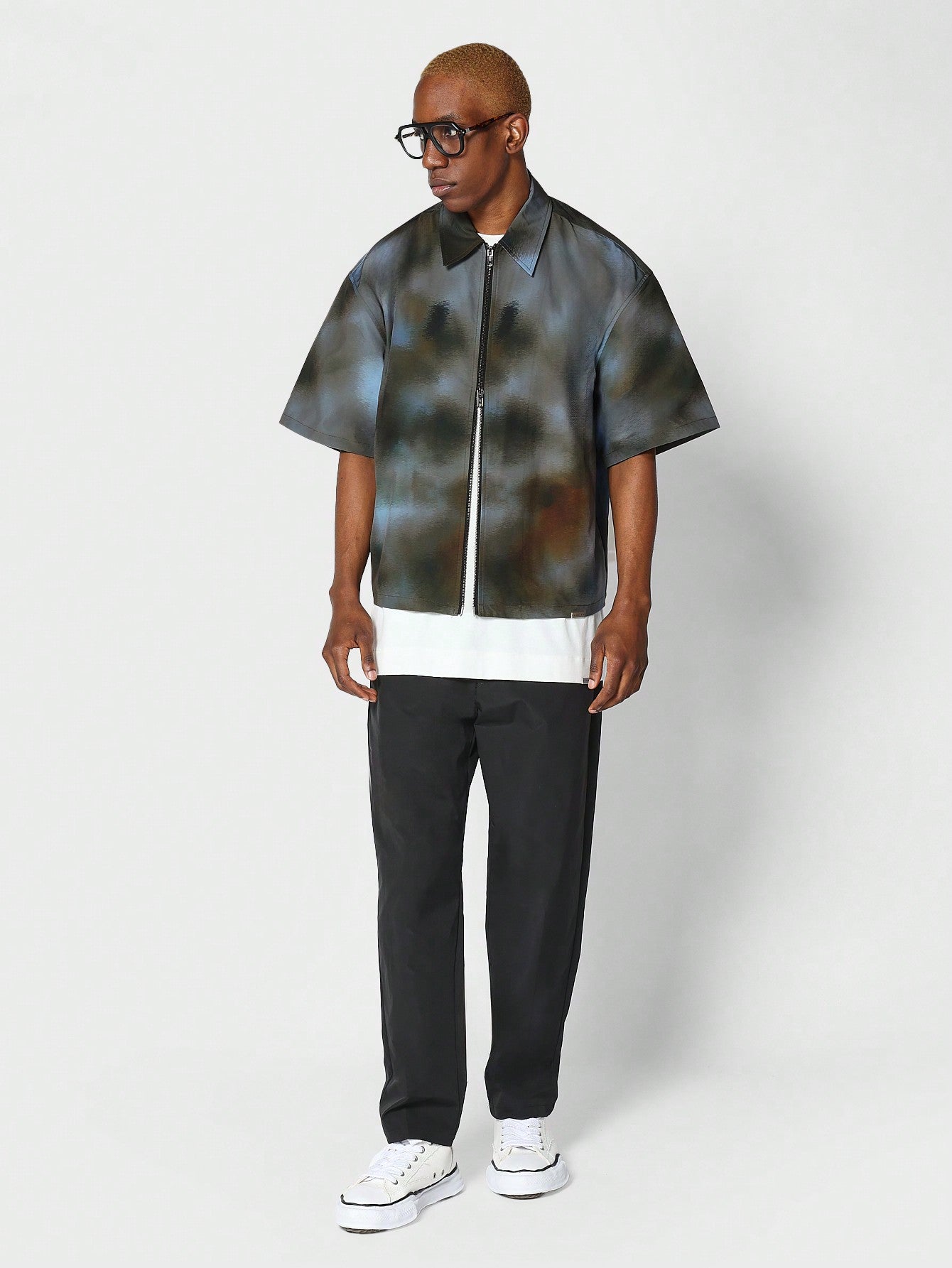 Boxy Fit Zip Nylon Shirt With All Over Print