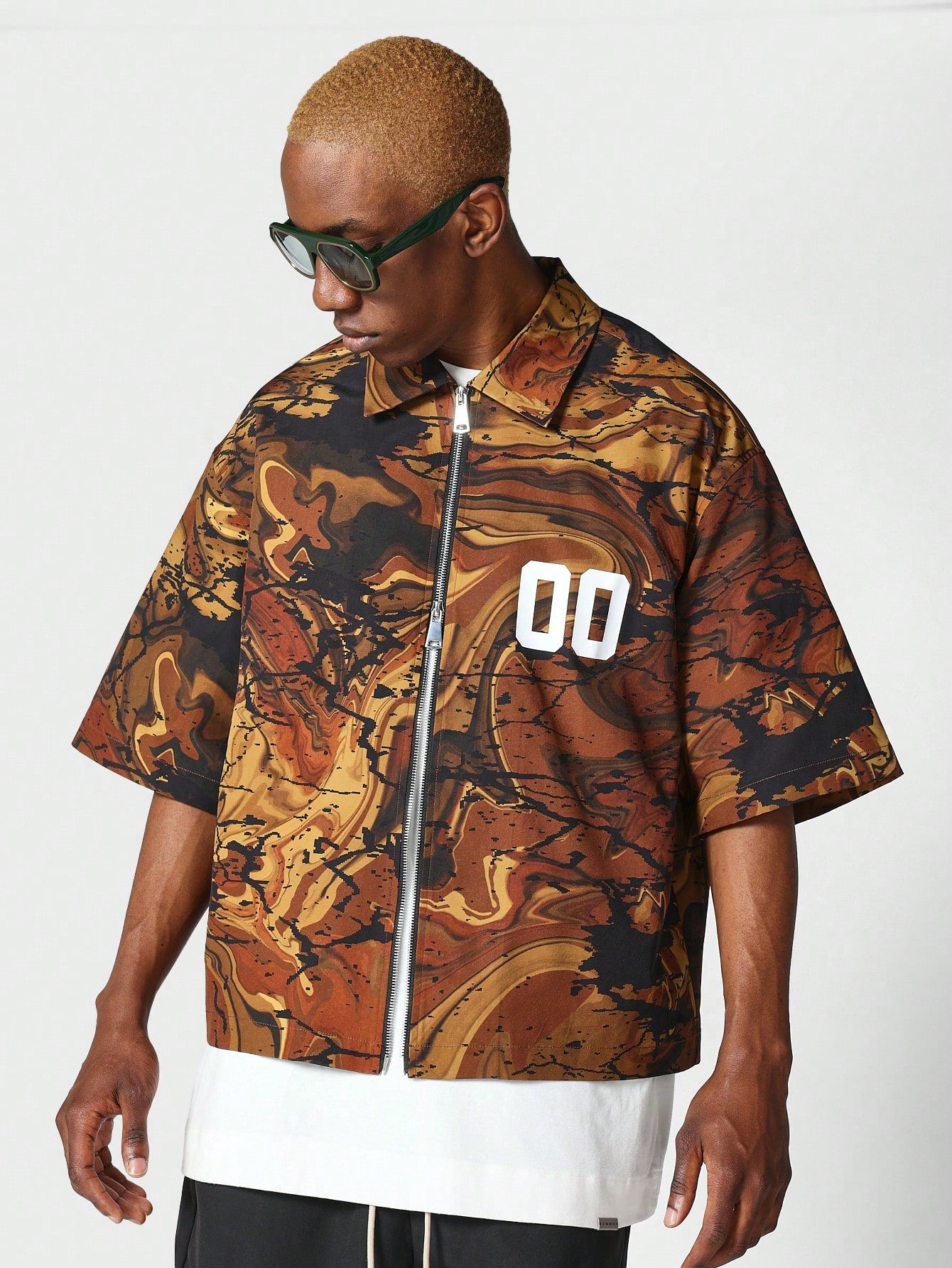 Boxy Fit Zip Nylon Shirt With All Over Print