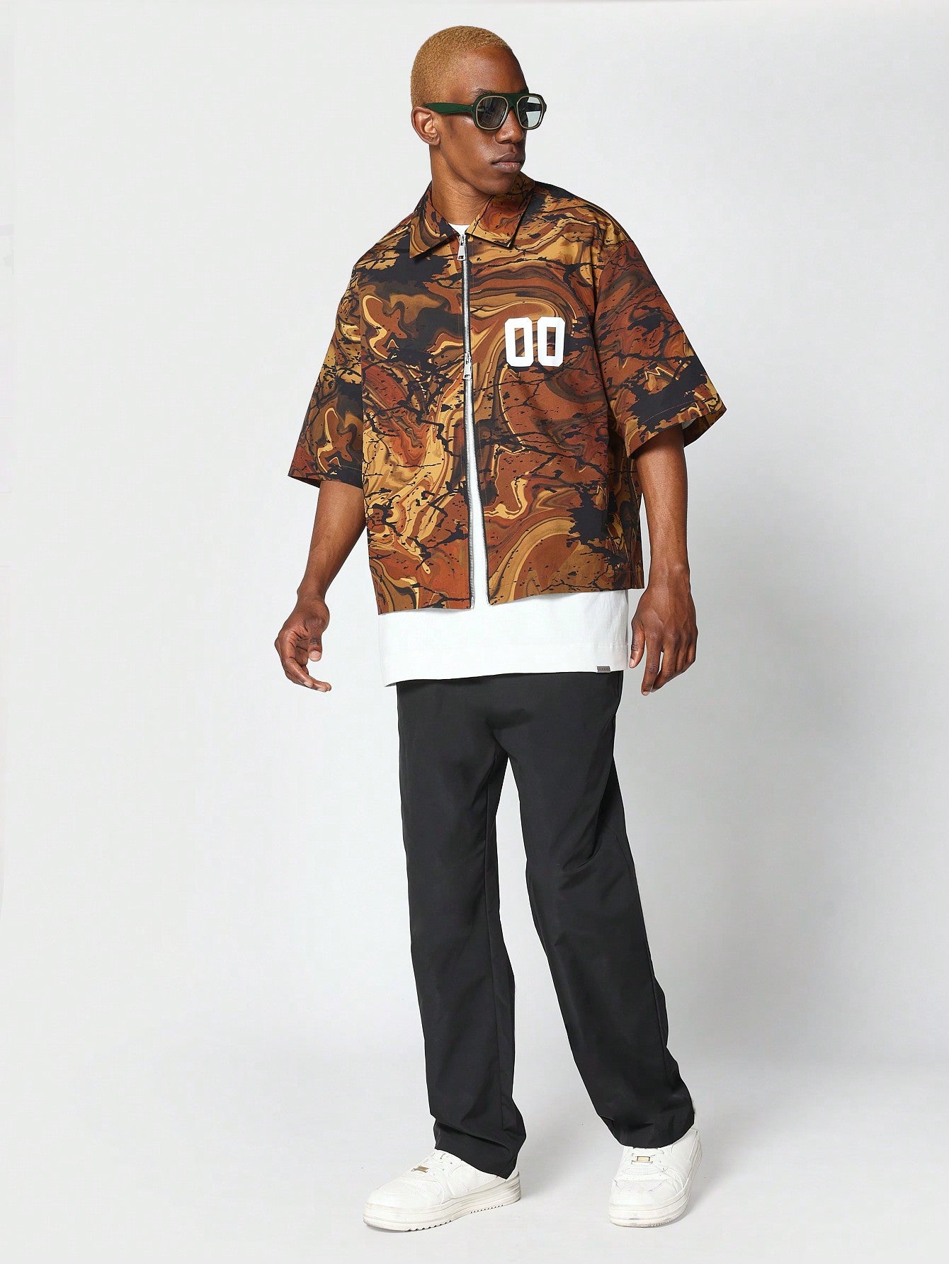 Boxy Fit Zip Nylon Shirt With All Over Print