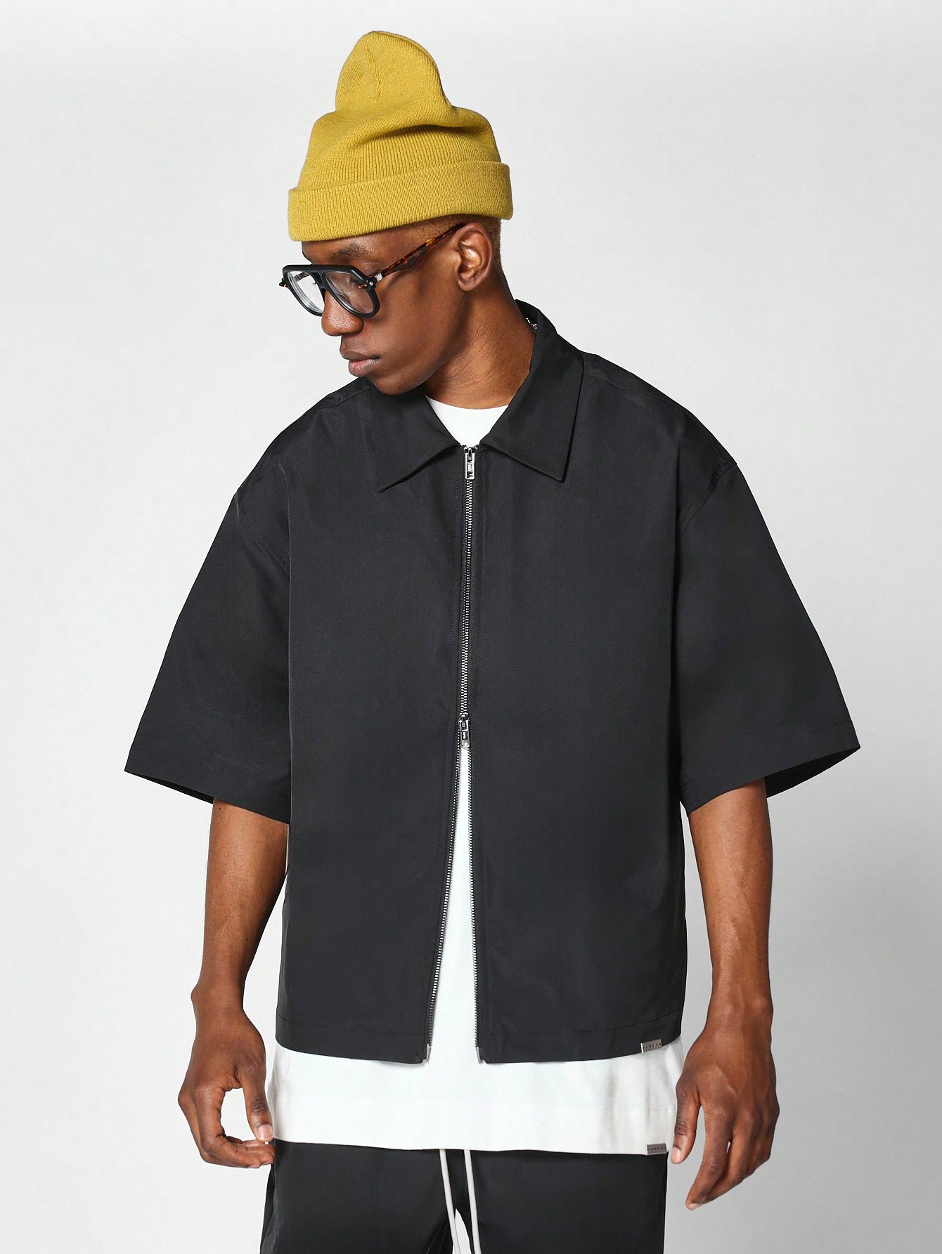 Boxy Fit Nylon Zip Shirt With Back Graphic Print