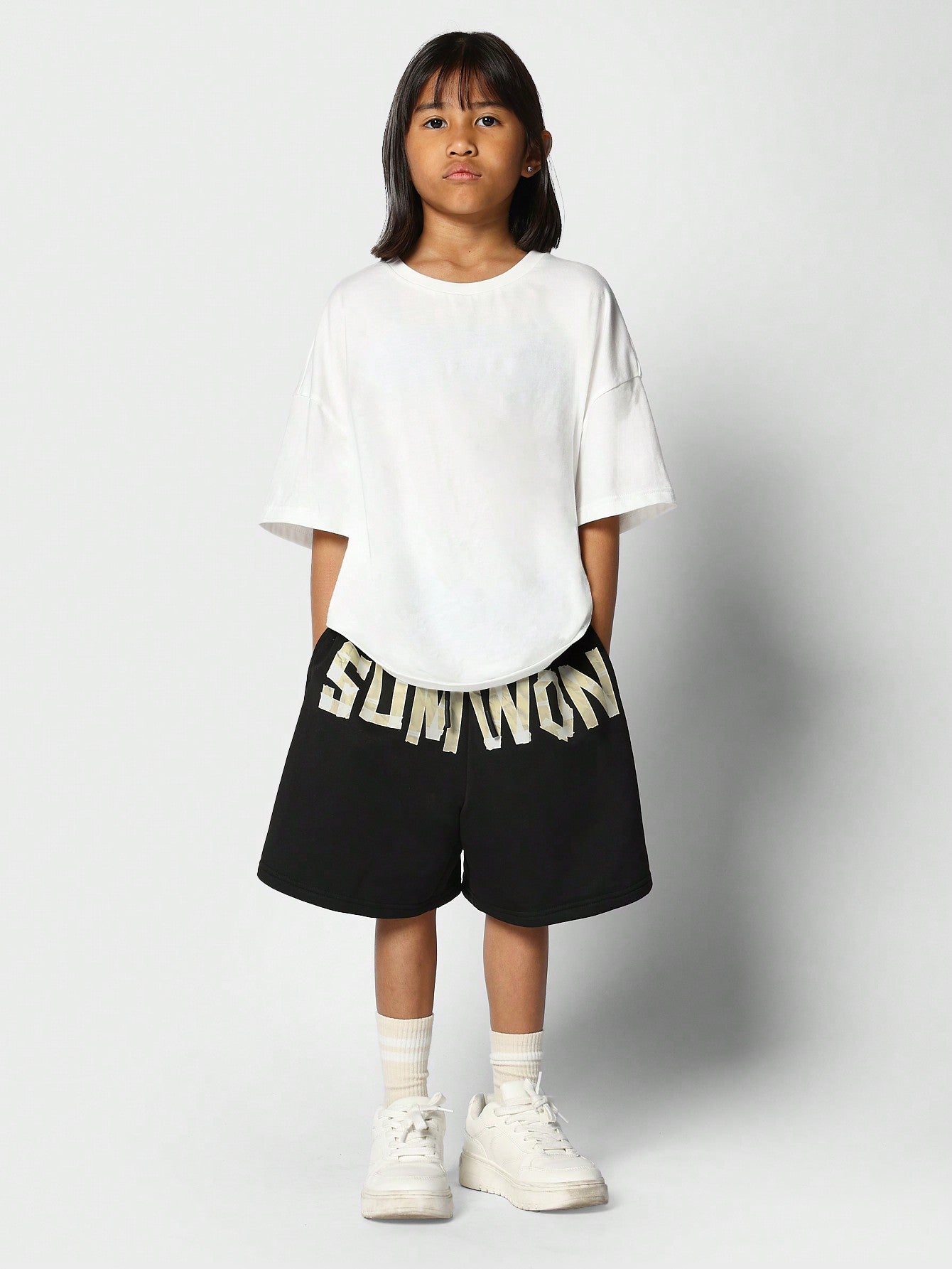 Kids Unisex Drop Crotch Short With Front Tape Print