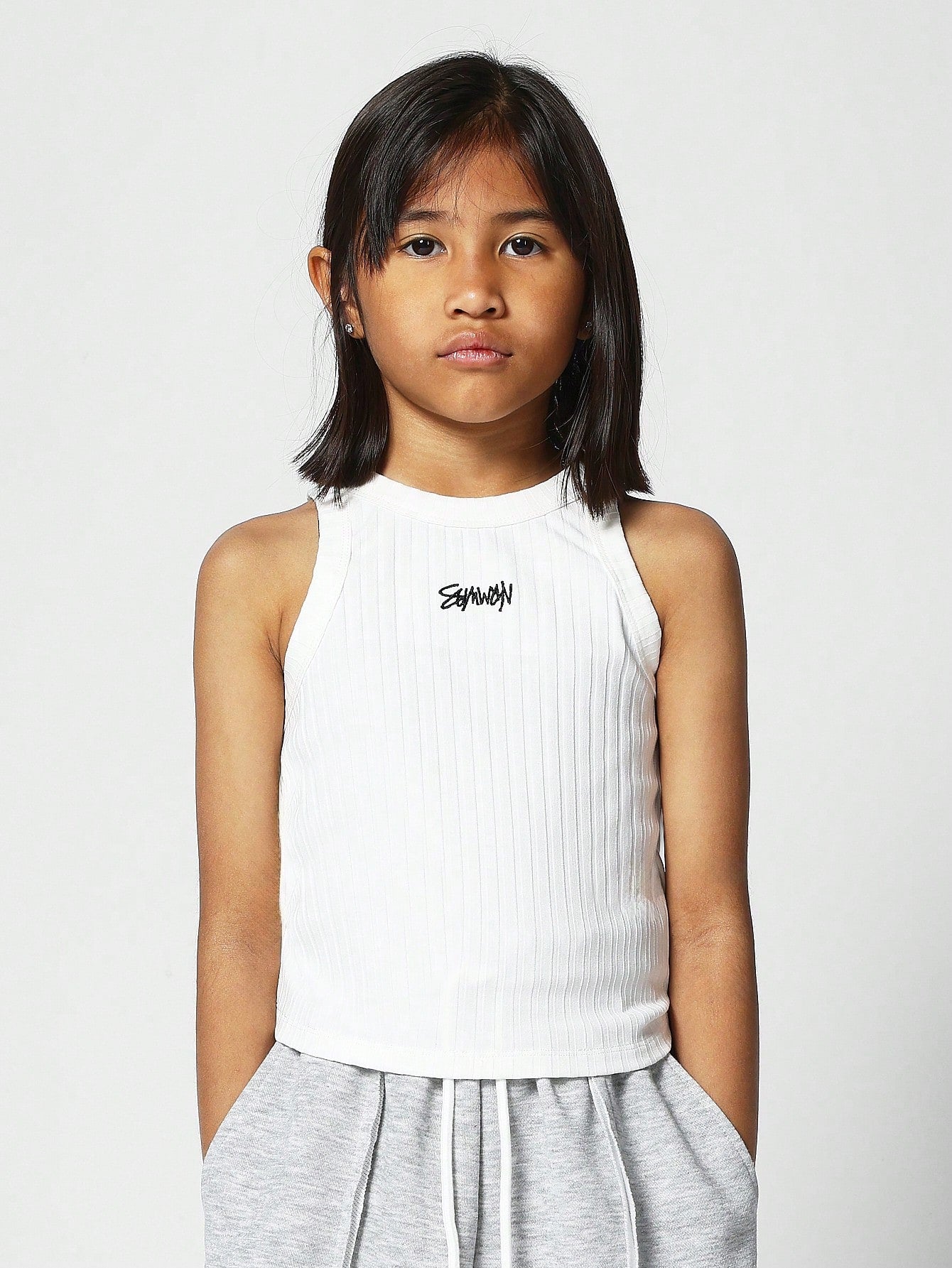 Tween Girl Embroidery Letter Pattern Rib-Knit Tank Top For Summer Back To School