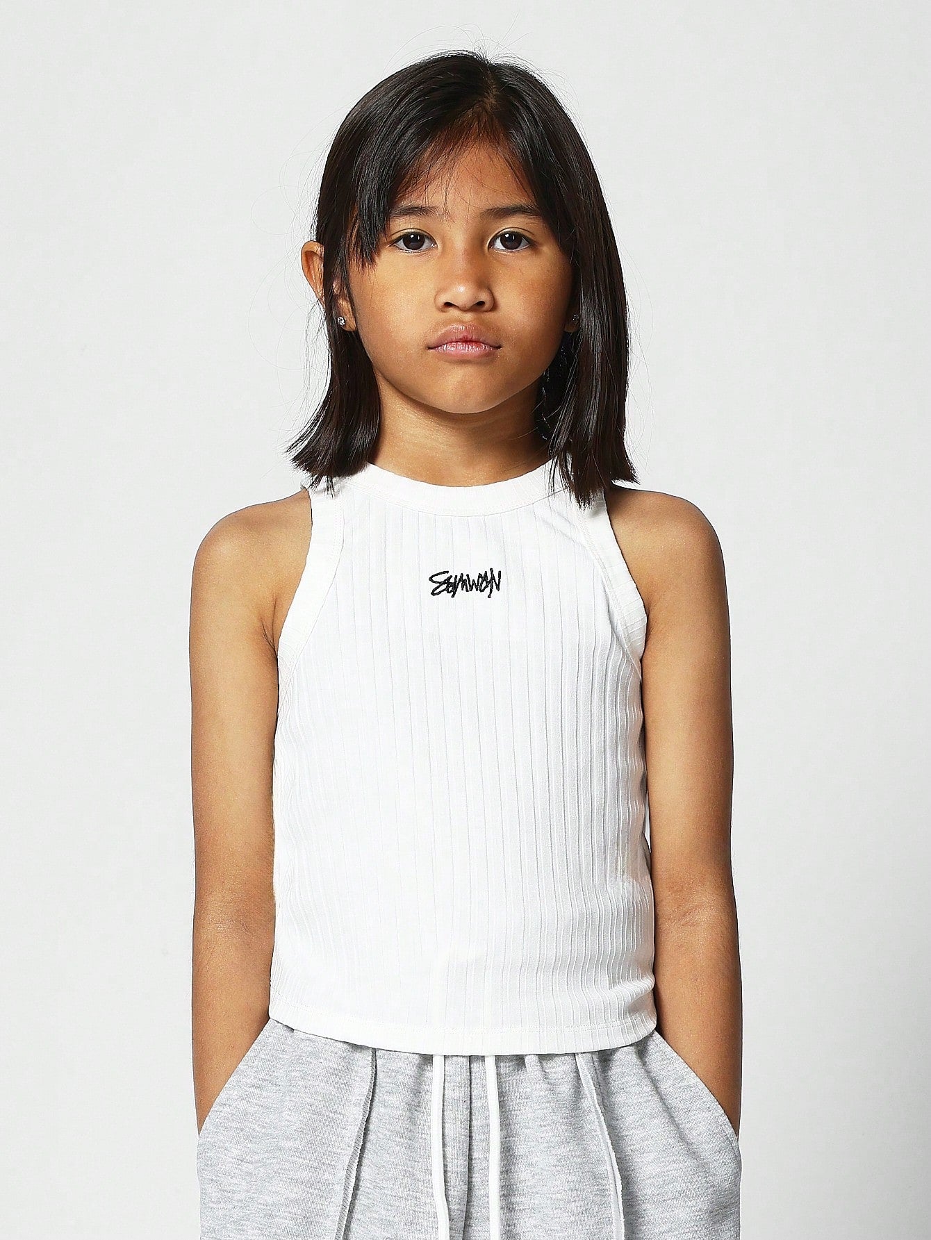 Tween Girl Embroidery Letter Pattern Rib-Knit Tank Top For Summer