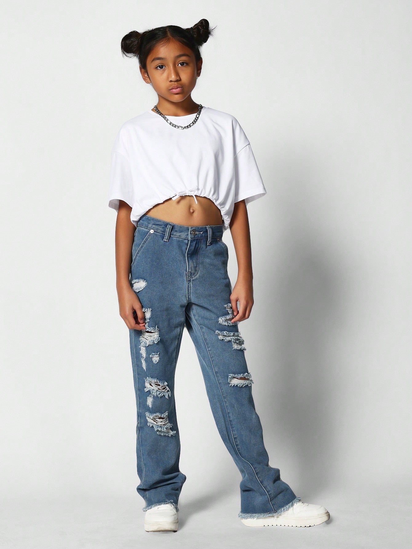 Tween Girls Raw Hem Flare Fit Distress Jeans Back To School