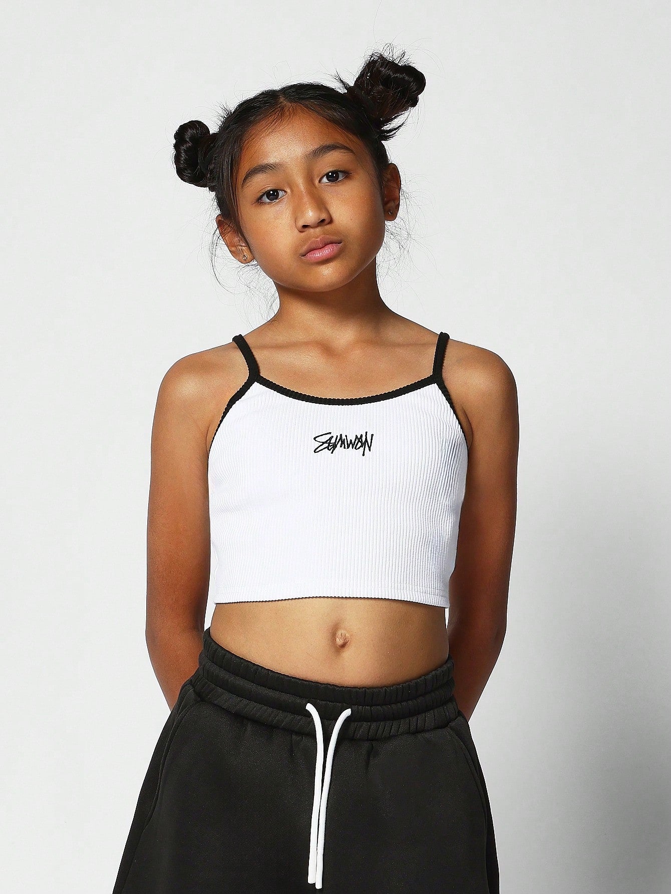 Kids Contrast Binding Cami Top With Embroidery Back To School