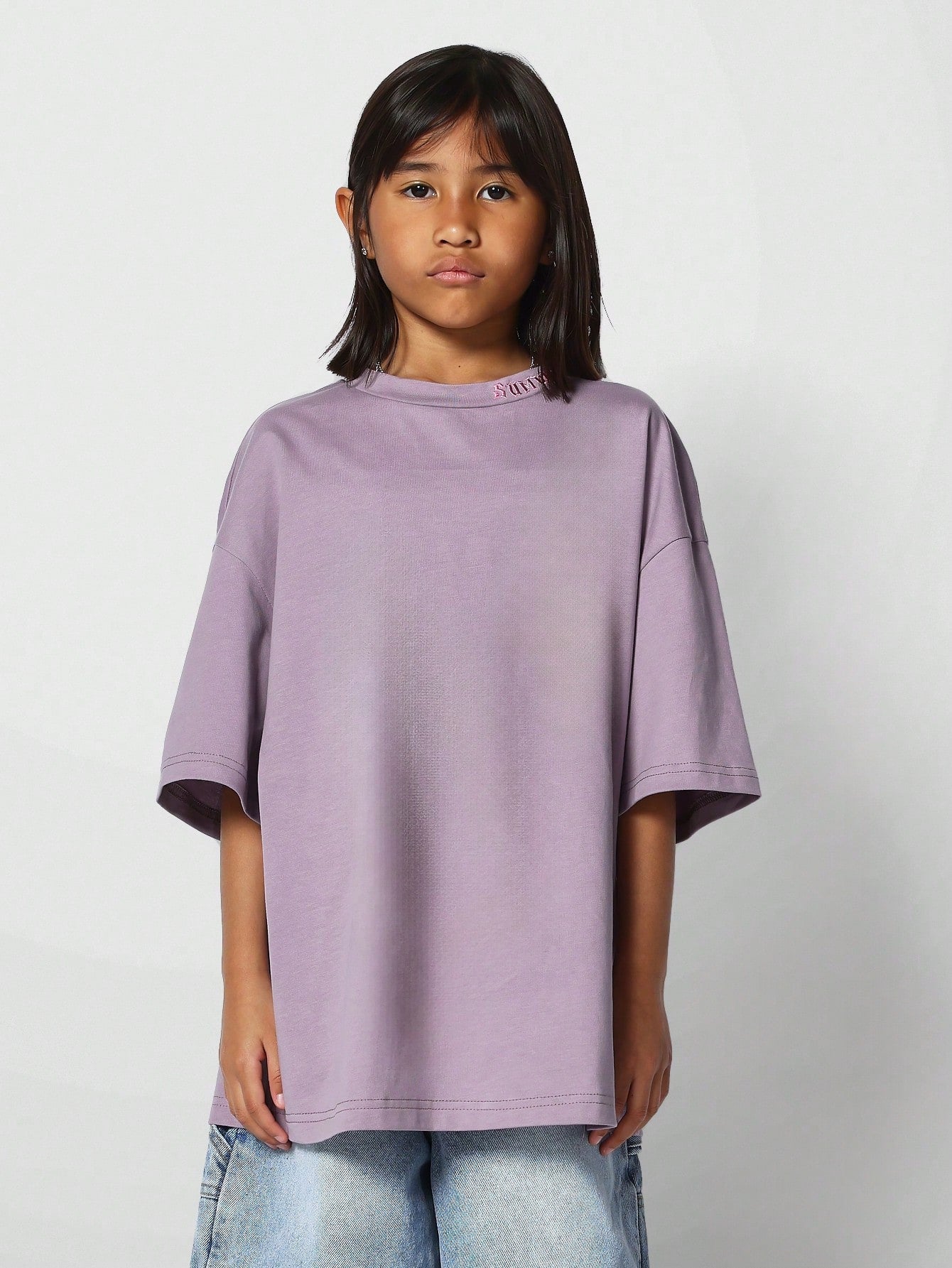 Kids Unisex Oversized Tee With Collar Embroidery