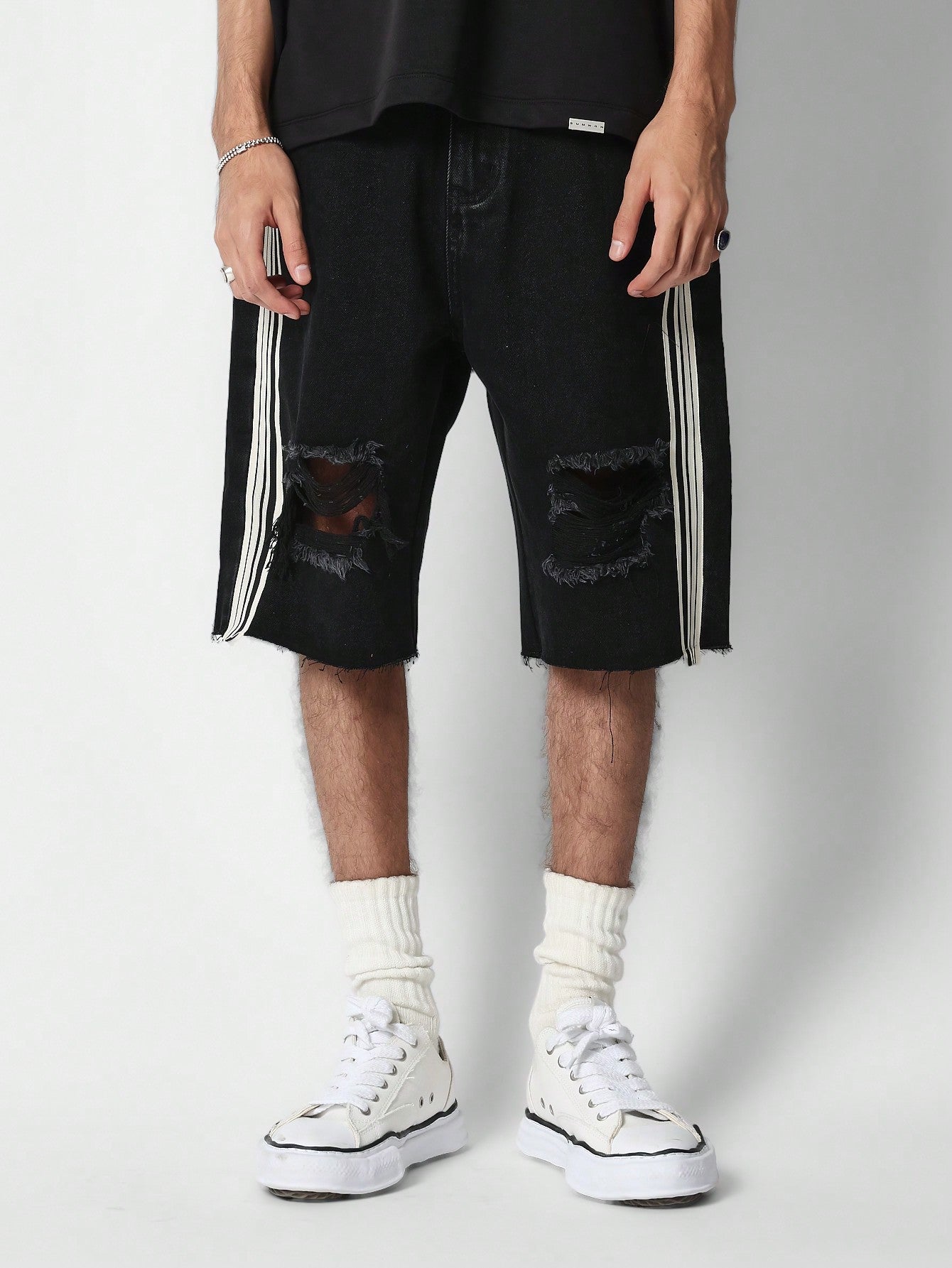 Denim Distressed Jorts With Side Tape