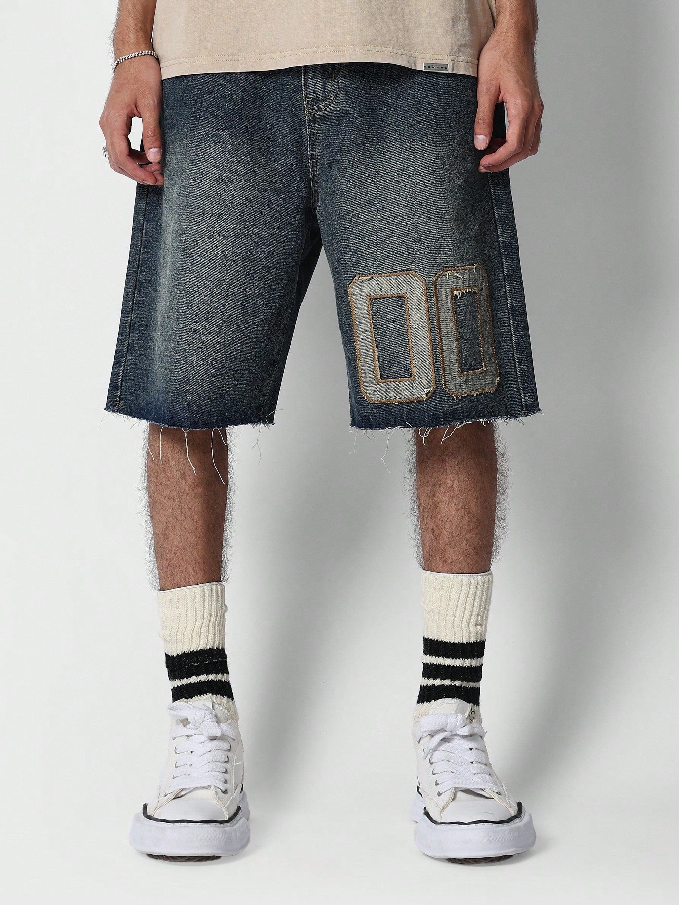 Denim Short With Front Number Embroidery