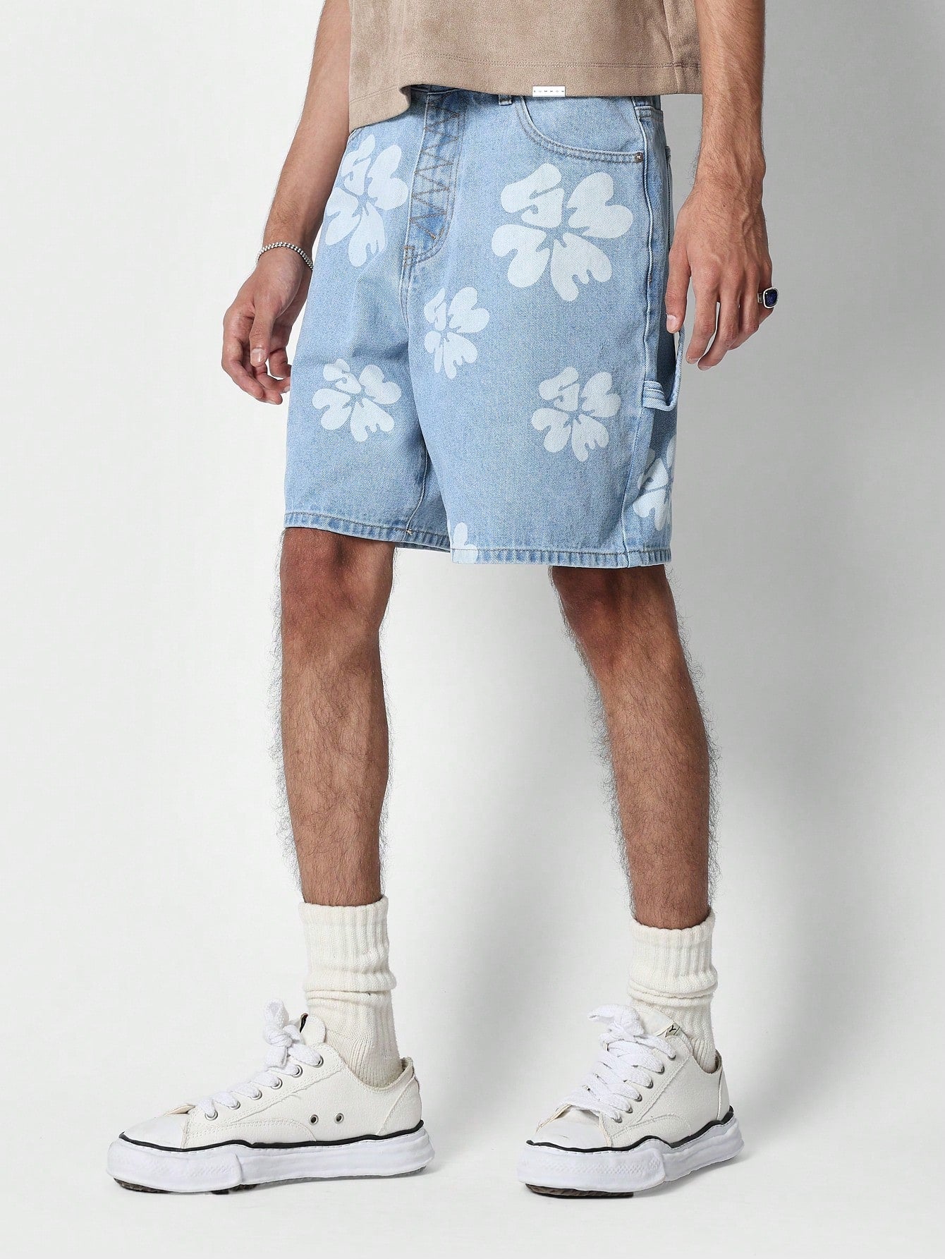 Denim Short With All Over Self Print