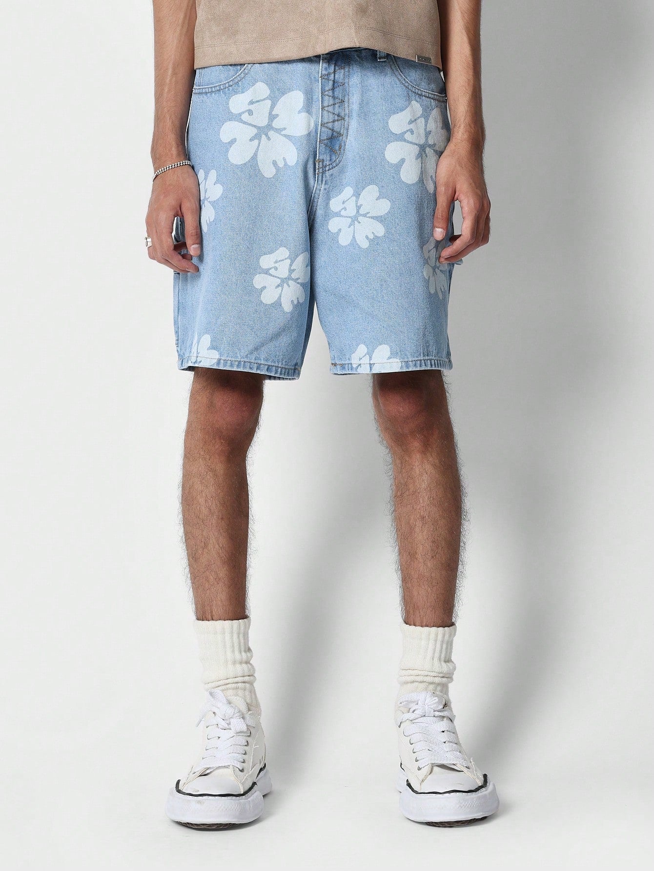 Denim Short With All Over Self Print