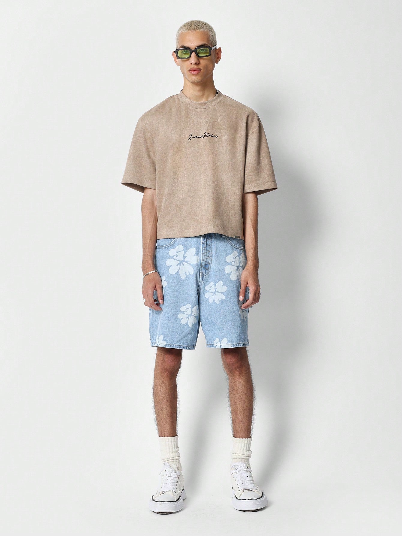 Denim Short With All Over Self Print