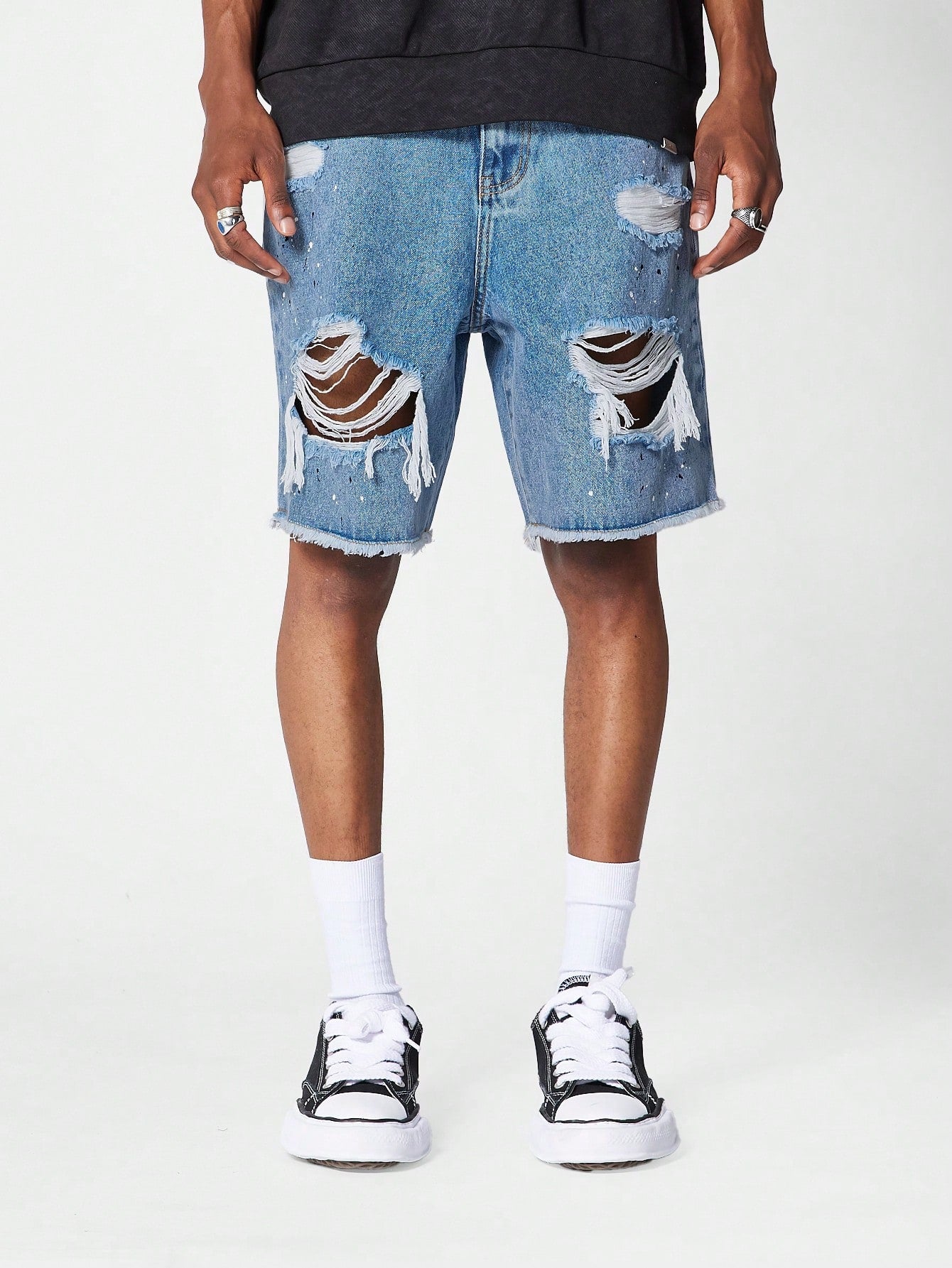 Denim Distress Short With Paint Print