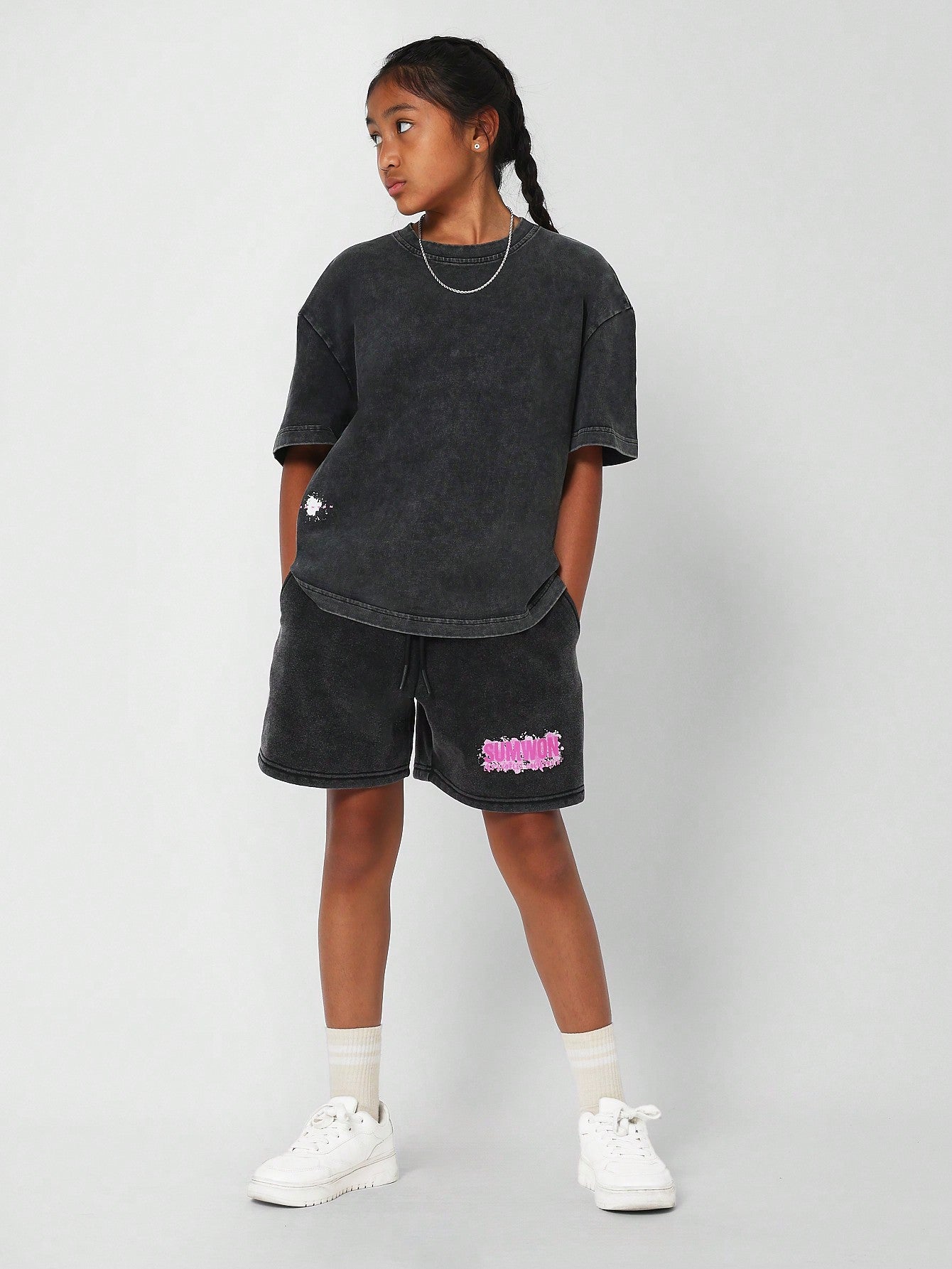 Tween Girls Oversized Fit Tee With Print And Short 2 Piece Set