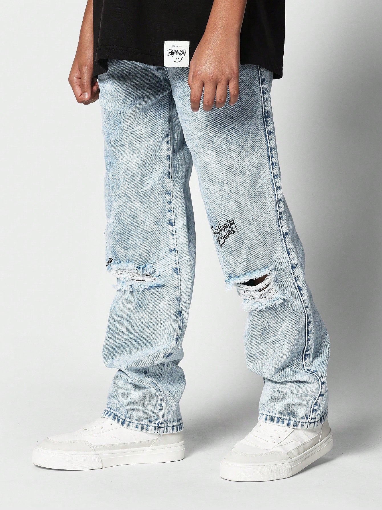 Kids Unisex Loose Fit Washed Distressed Jeans With All Doodle Print Back To School