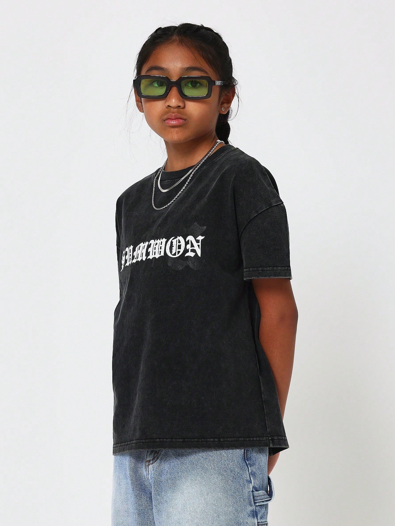 Tween Boys Oversized Fit Washed Shirt With Front Graphic And Back List Print