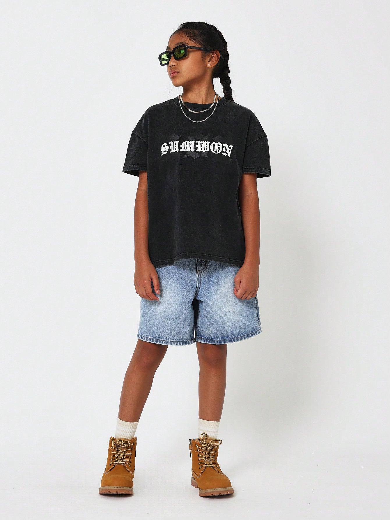 Tween Boys Oversized Fit Washed Shirt With Front Graphic And Back List Print