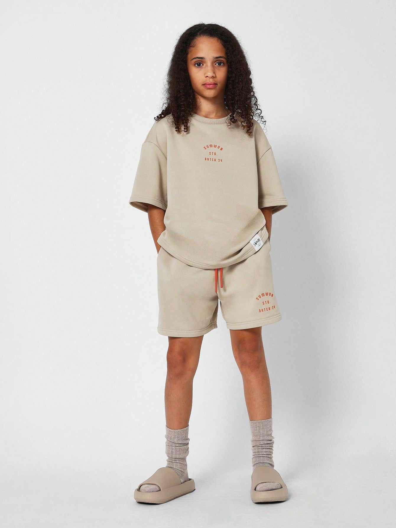 Tween Girls Oversized Fit Tee And Drop Crotch Short With Letter Graphic Print 2 Piece Set