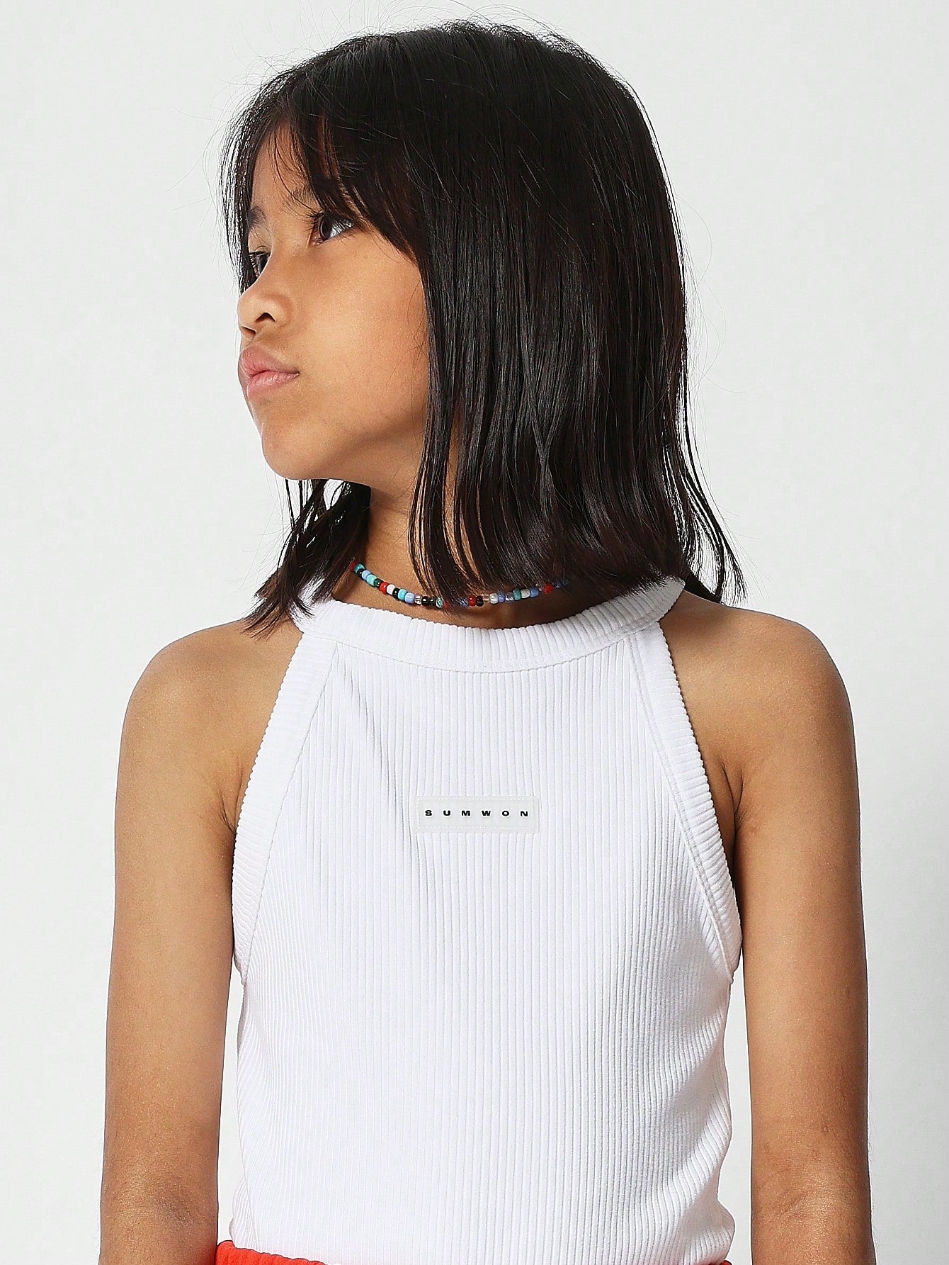 Tween Girl Halter Tank Ribbed Top With Front Badge Detail