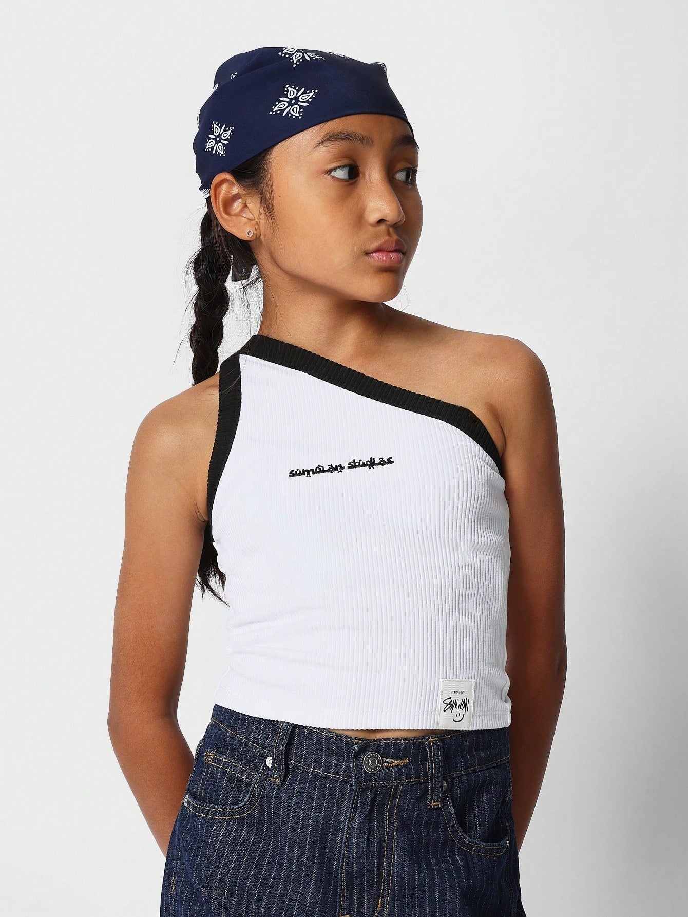 Kids One Shoulder Colour Blocked Ribbed Top With Front Print Back To School
