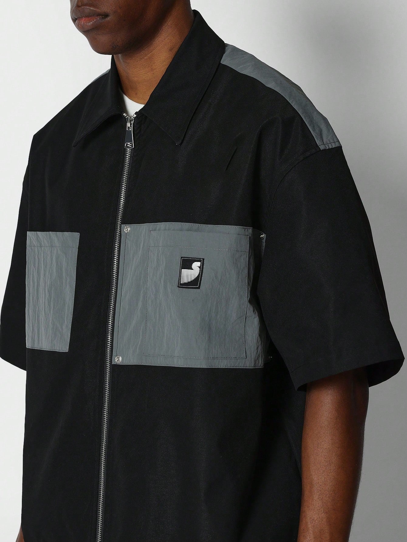 Boxy Fit Zip Nylon Colour Blocked Shirt With Rivet Detail Patch Pocket