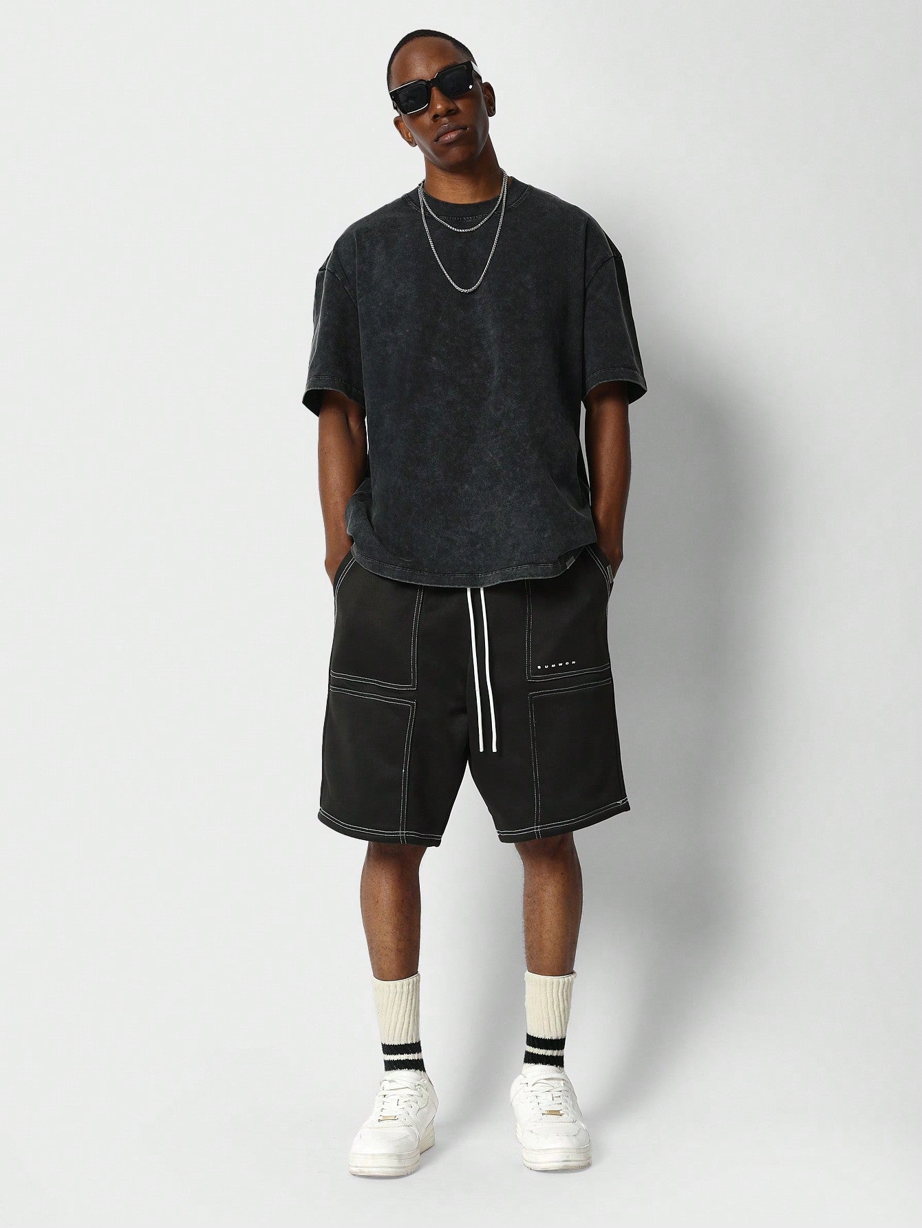 Drop Crotch Jorts With Contrast Stitch Detail