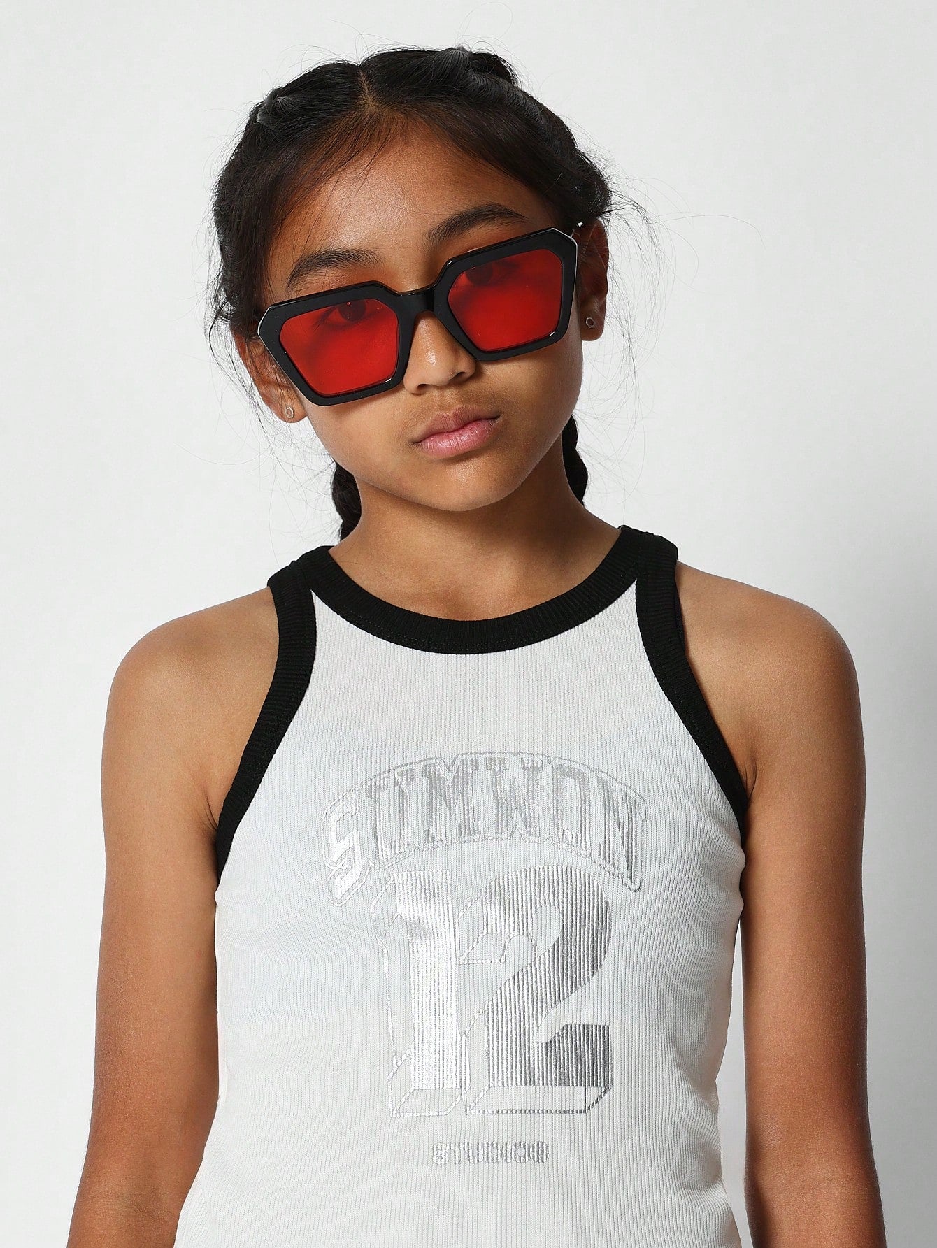 Kids Contrast Binding Ribbed Tank Top With Front Print