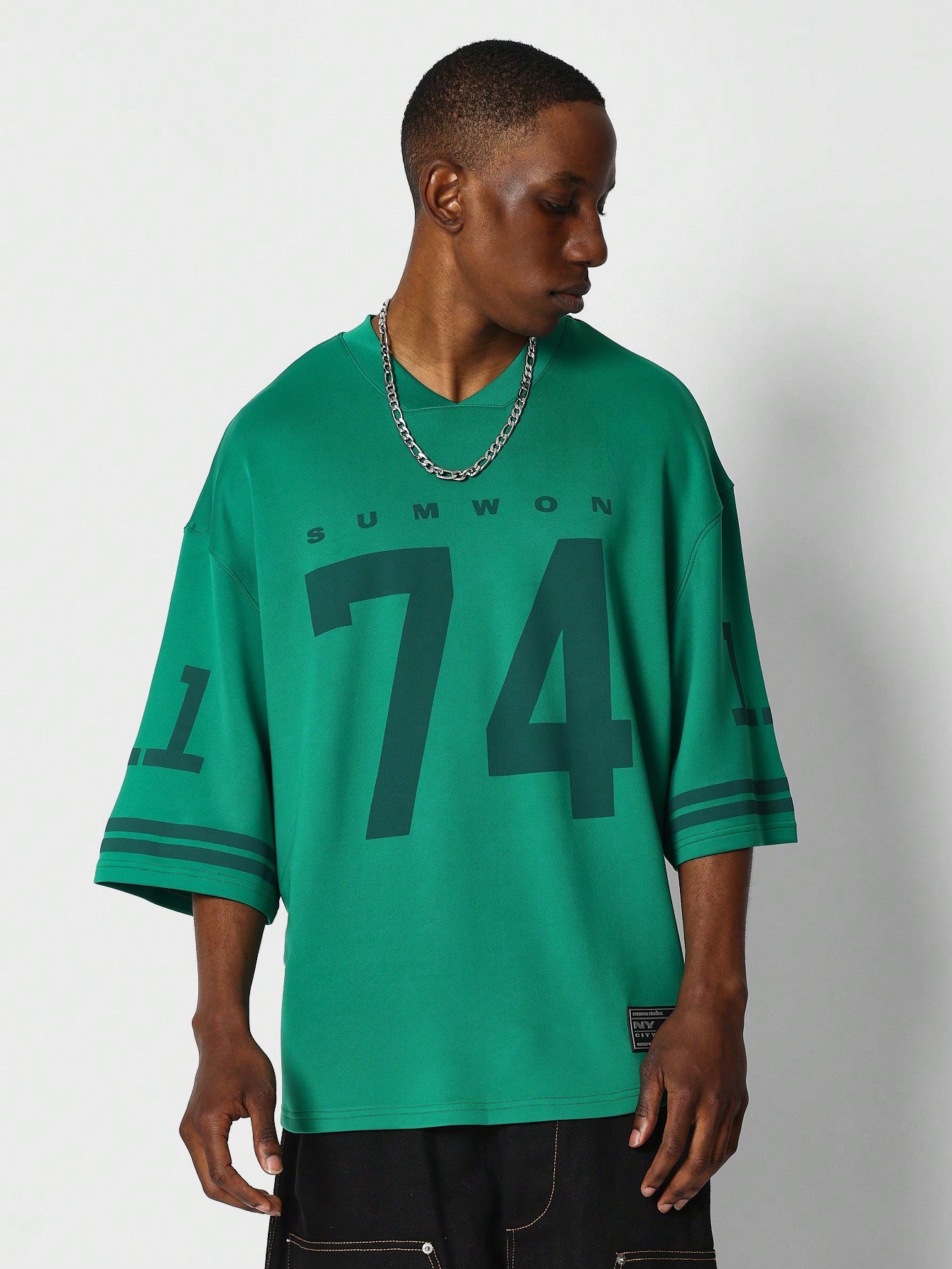 Oversized Fit Elbow Sleeve Hockey Tee With Front Number Graphic Print