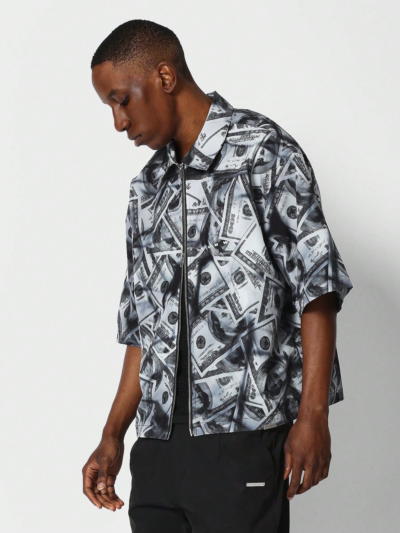 Boxy Fit Zip Nylon Shirt With All Over Dollar Print