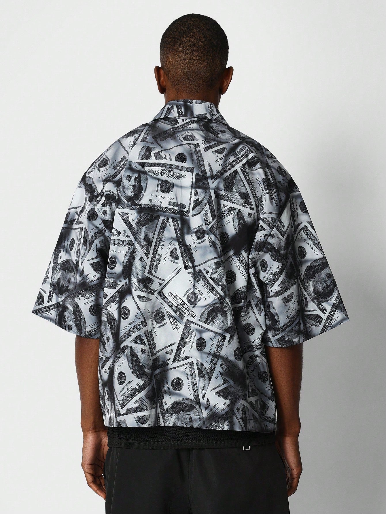 Boxy Fit Zip Nylon Shirt With All Over Dollar Print