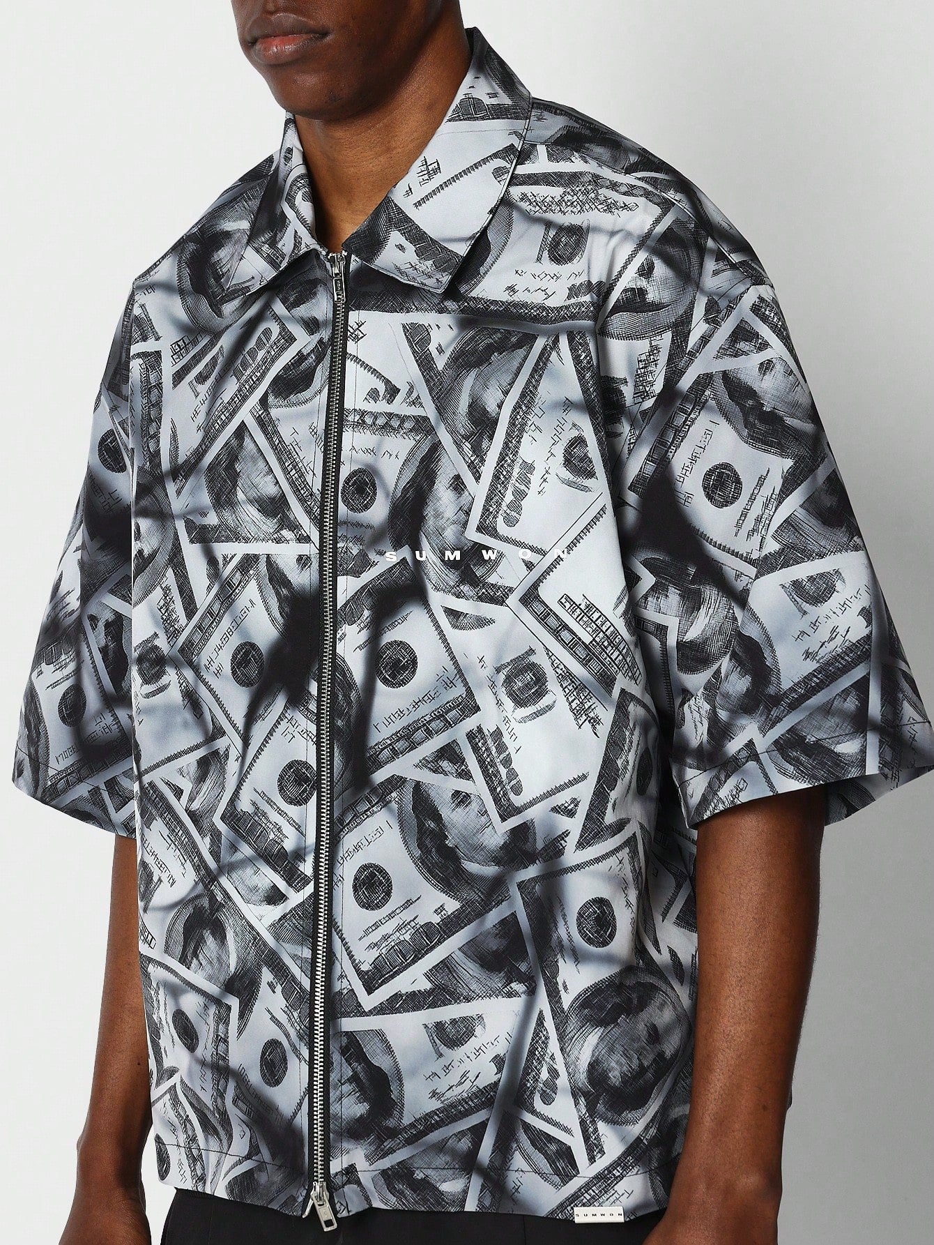 Boxy Fit Zip Nylon Shirt With All Over Dollar Print